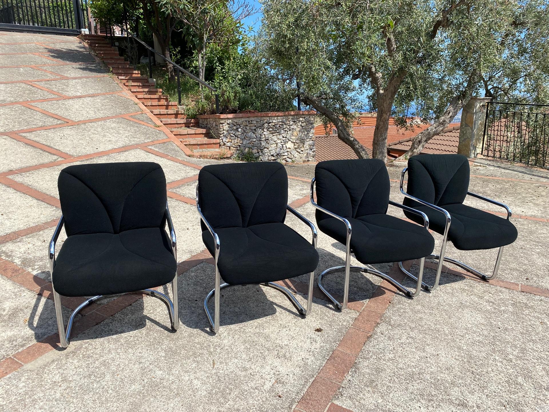 Set of Four Black Velvet Chairs by Guido Faleschini for Hermès 1970s 1
