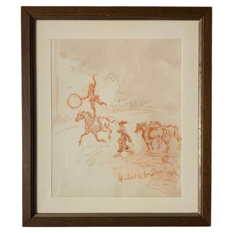 Set of Four Blood Drawings by Giulio Falzoni in Pastel and Watercolor from 60s For Sale