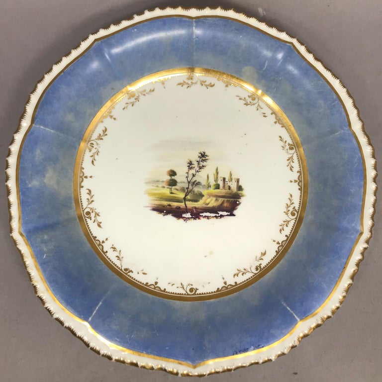 Set of Four Blue and Gilt Painted English Scenes Coffee Cups For Sale