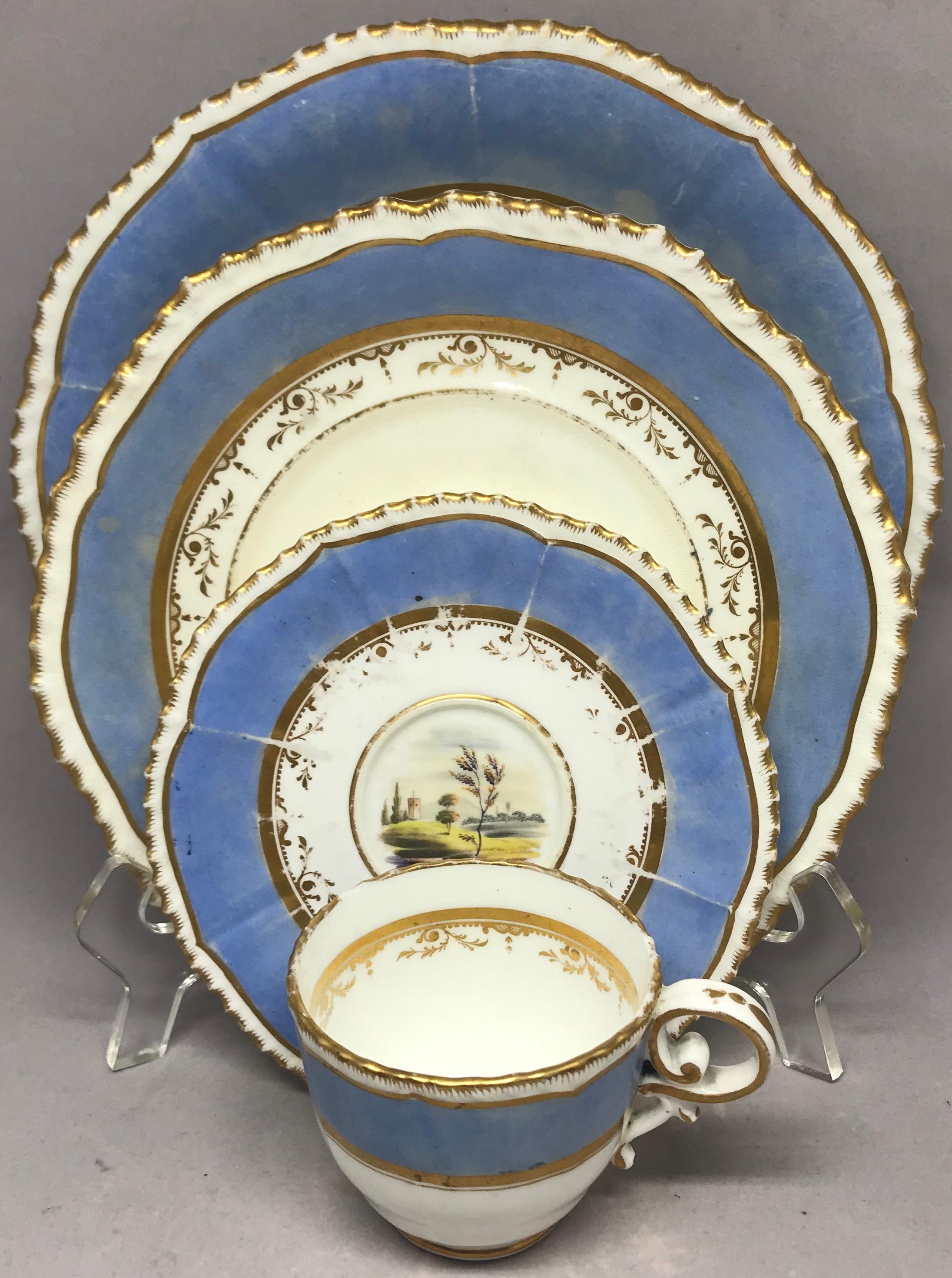 Set of Four Blue and Gilt Painted English Scenes Coffee Cups For Sale 5