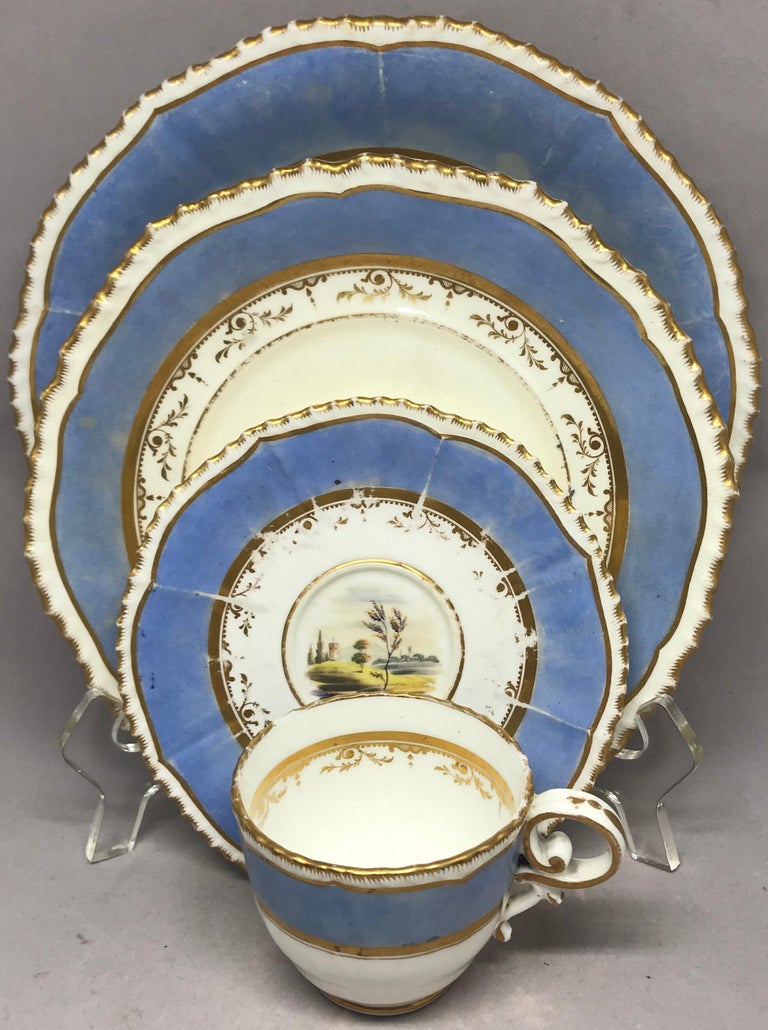 Set of Four Blue and Gilt Painted English Scenes Coffee Cups For Sale
