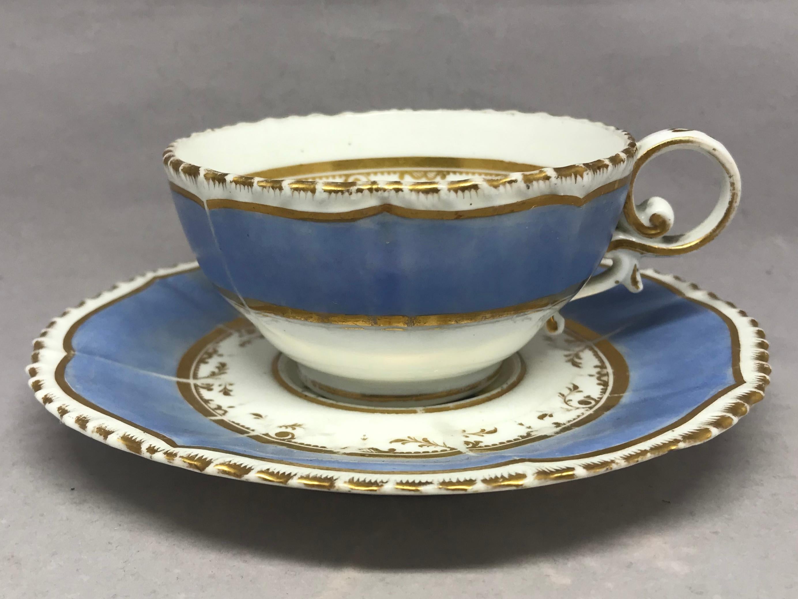Hand-Painted Set of Four Blue and Gilt Painted English Scenes Coffee Cups For Sale