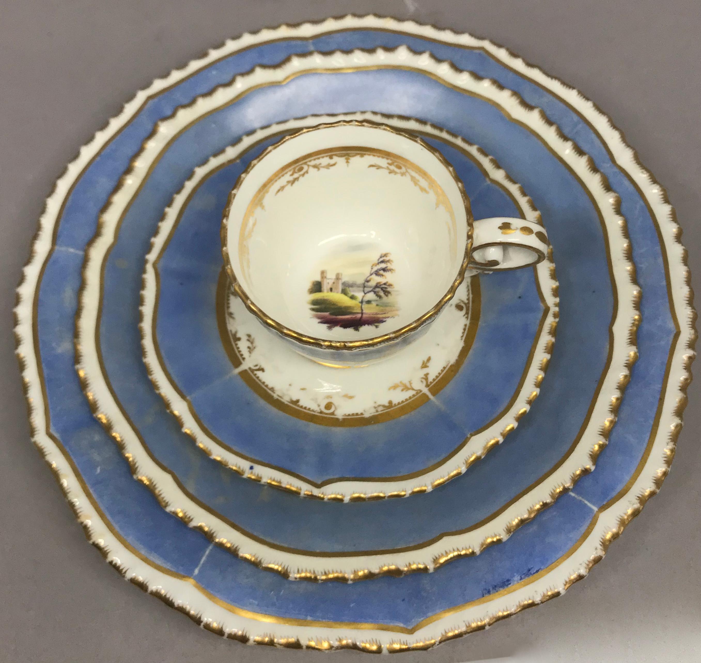 Set of Four Blue and Gilt Painted English Scenes Coffee Cups In Good Condition For Sale In New York, NY