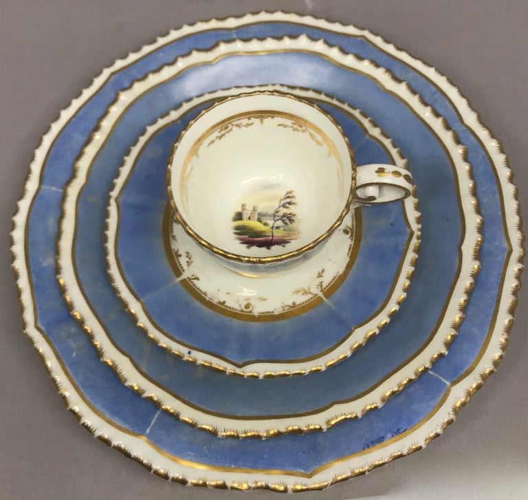 Set of Four Blue and Gilt Painted English Scenes Coffee Cups For Sale