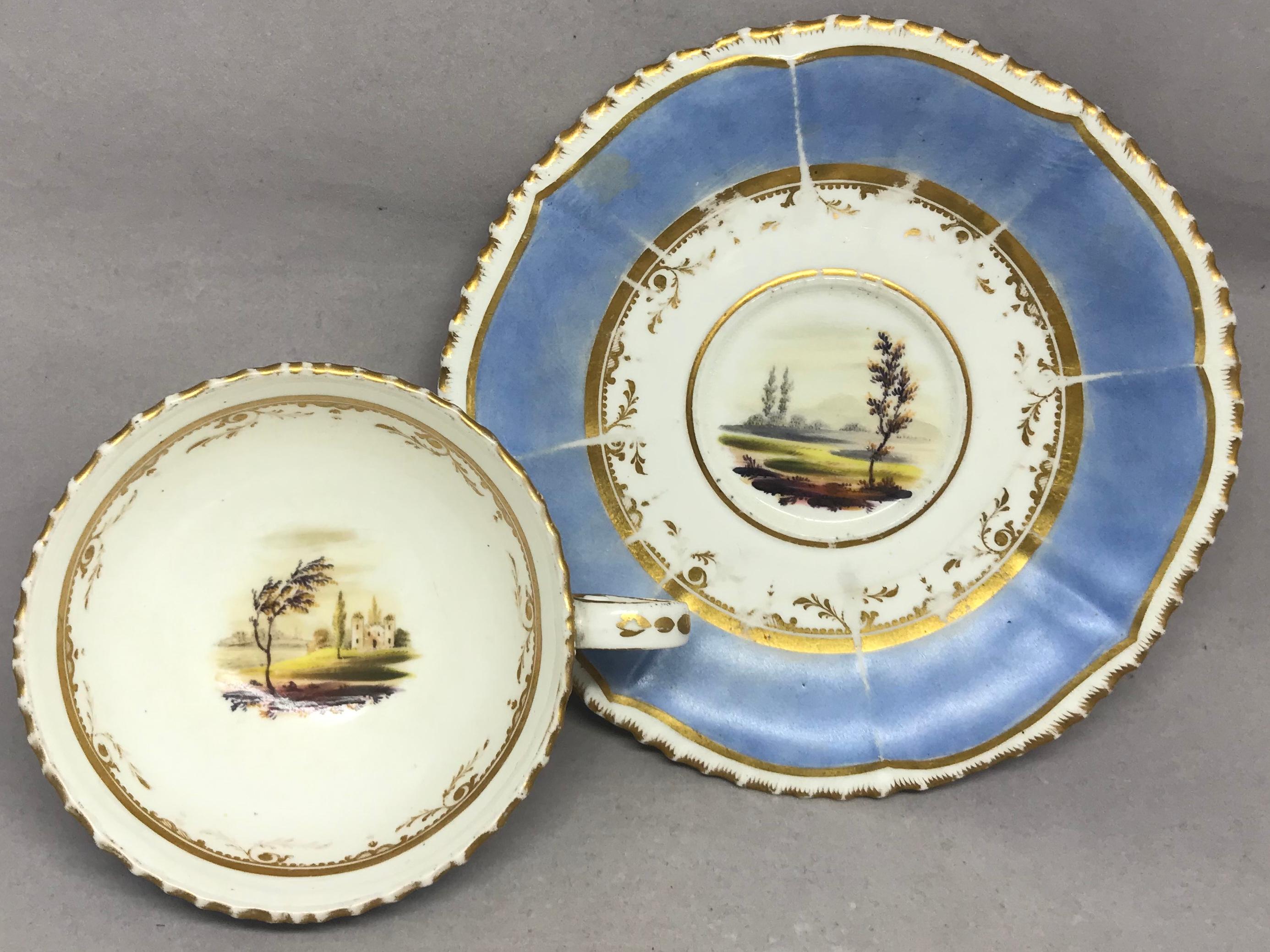 19th Century Set of Four Blue and Gilt Painted English Scenes Coffee Cups For Sale