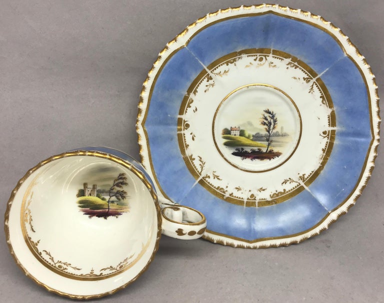 Set of Four Blue and Gilt Painted English Scenes Coffee Cups For Sale