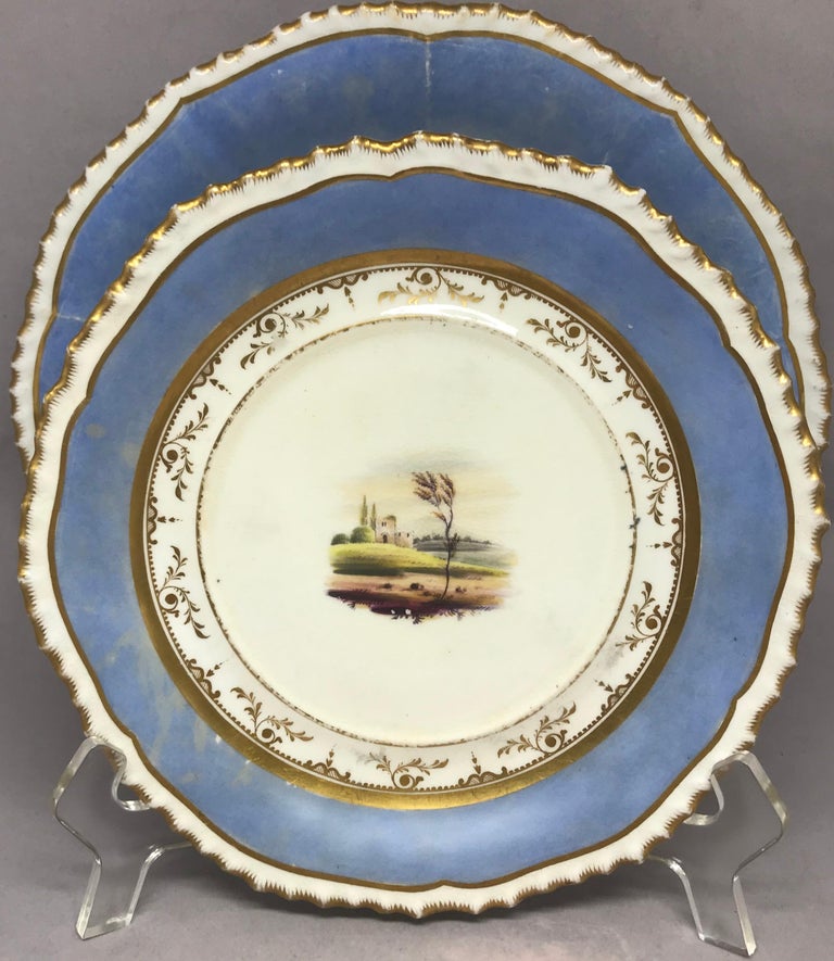 Set of Four Blue and Gilt Painted English Scenes Coffee Cups For Sale