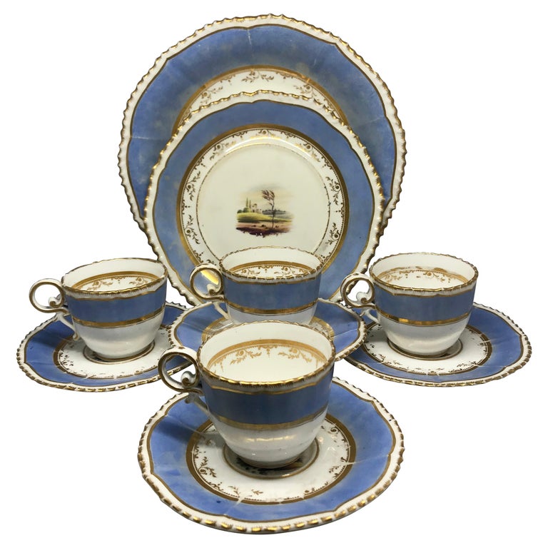 Set of Four Blue and Gilt Painted English Scenes Coffee Cups For Sale