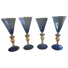 Set of Four Blue and Gold-Flecked Murano Wine Glasses