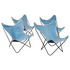 Ensemble de quatre chaises papillon en Hardoy bleu