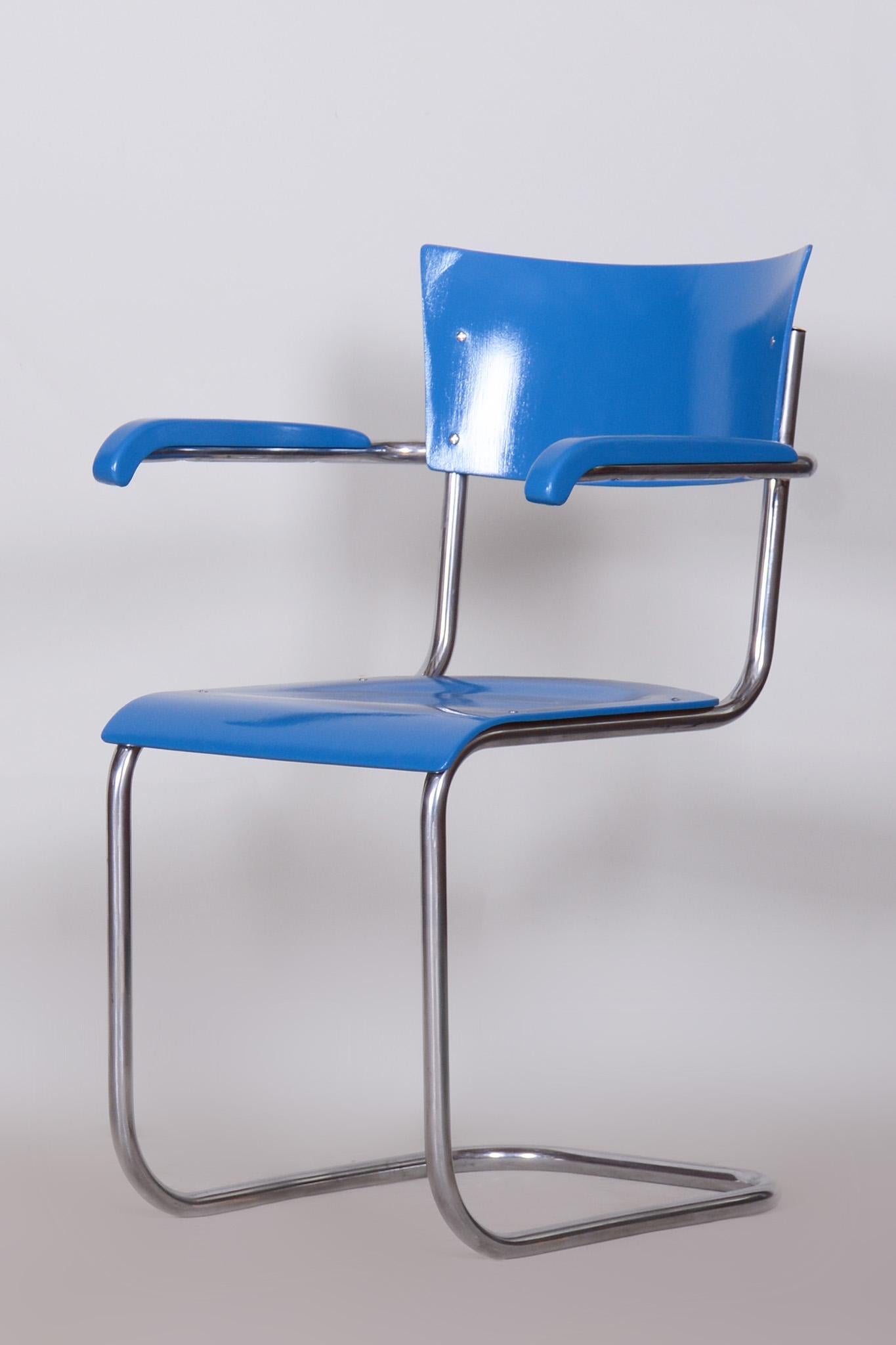 Set of Four Blue Restored Beech Armchairs by Mart Stam, Germany, 1930s For Sale 4