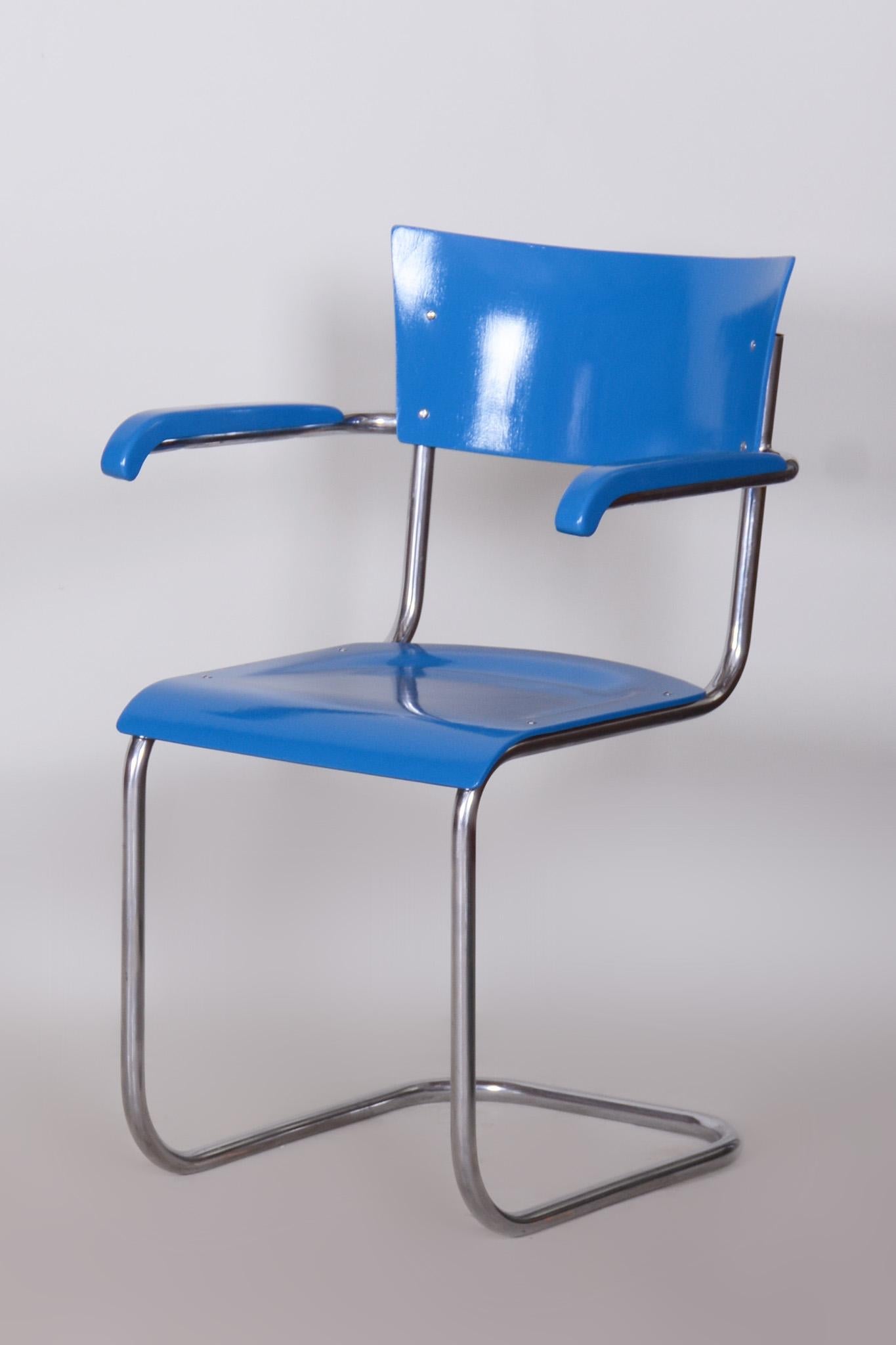 Set of Four Blue Restored Beech Armchairs by Mart Stam, Germany, 1930s For Sale 5