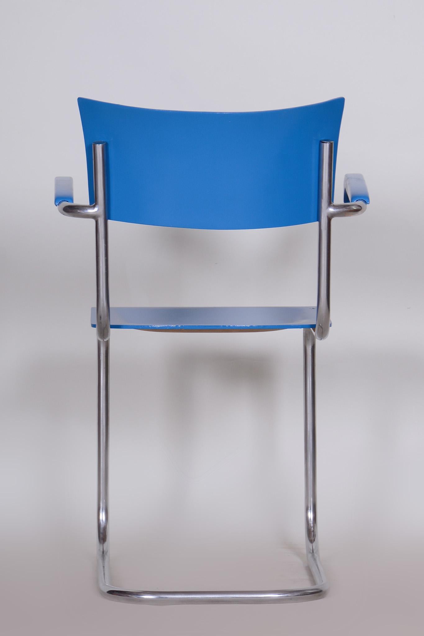 Chrome Set of Four Blue Restored Beech Armchairs by Mart Stam, Germany, 1930s For Sale