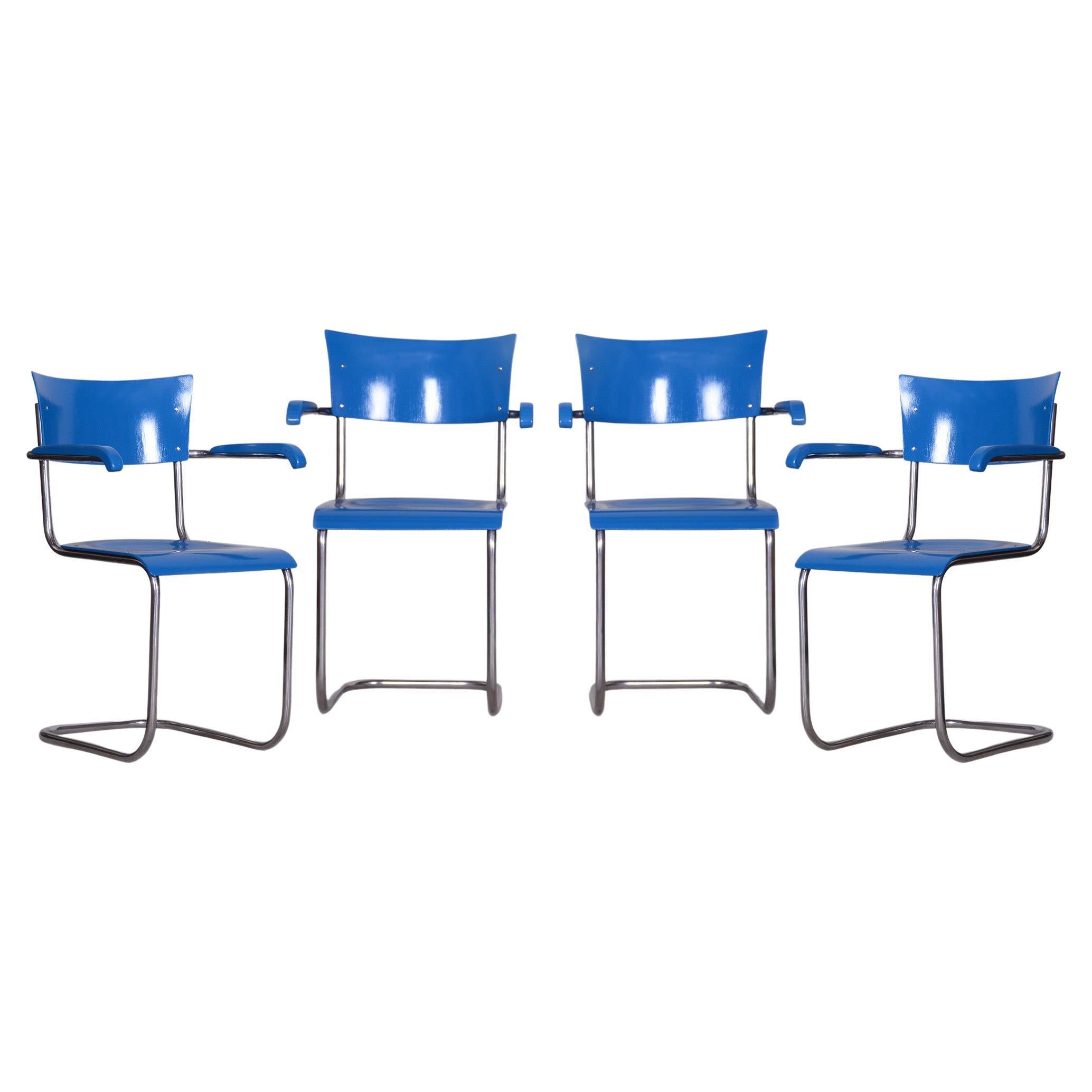 Set of Four Blue Restored Beech Armchairs by Mart Stam, Germany, 1930s