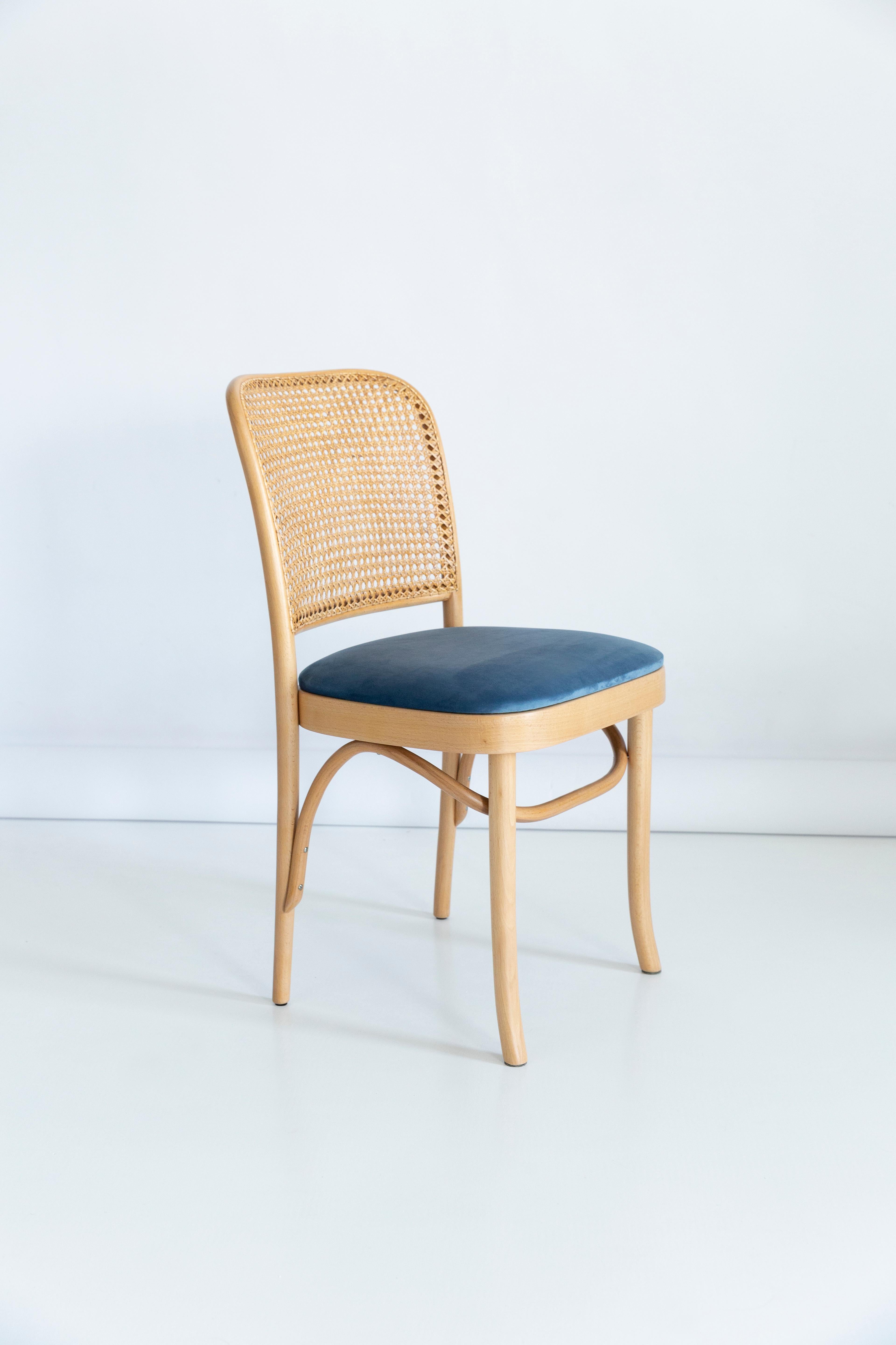 Mid-Century Modern Set of Four Blue Velvet Thonet Wood Rattan Chairs, 1960s For Sale