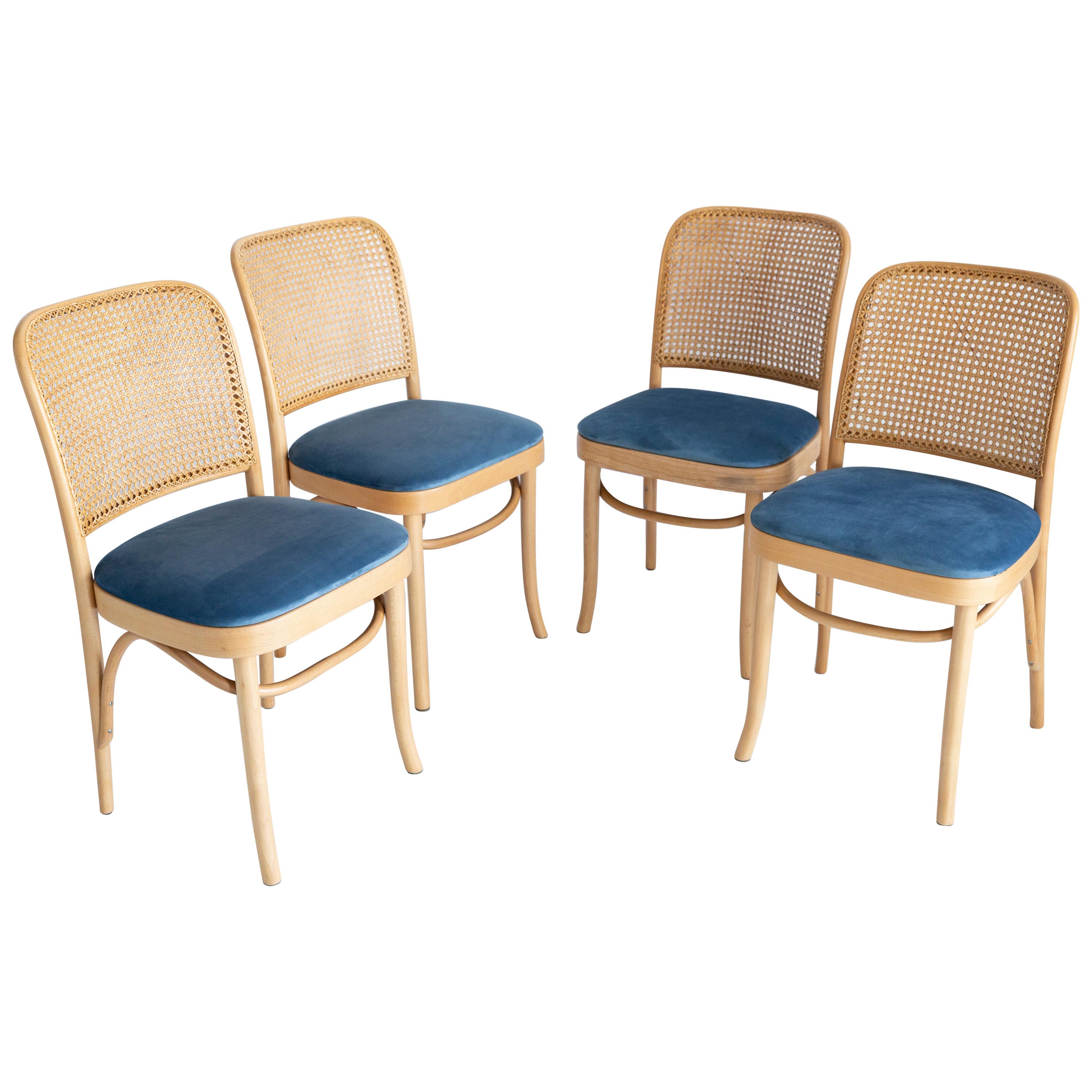 Set of Four Blue Velvet Thonet Wood Rattan Chairs, 1960s For Sale