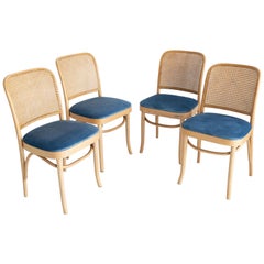 Vintage Set of Four Blue Velvet Thonet Wood Rattan Chairs, 1960s