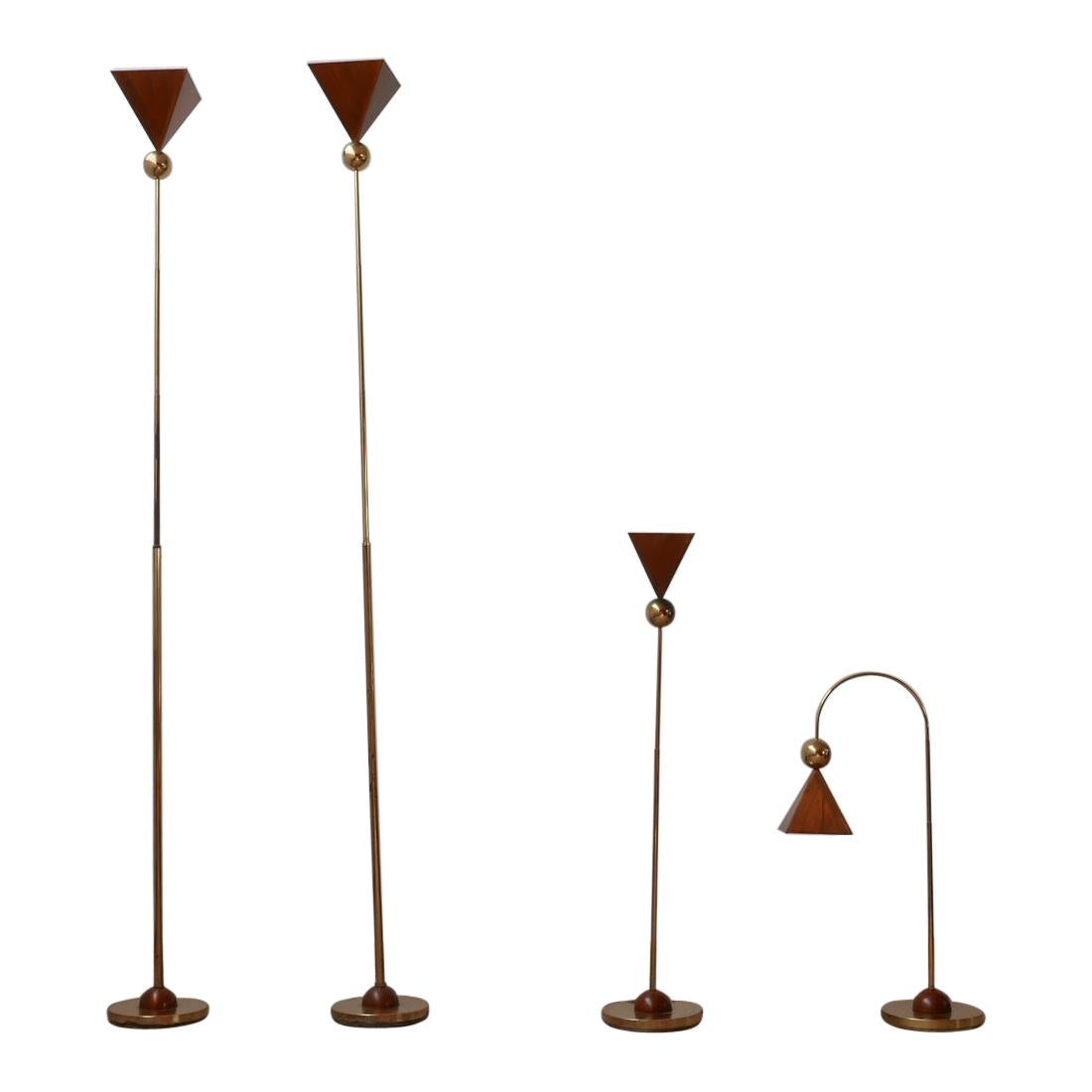 Set of Four Brass and Copper Mid-Century Italian Floor and Table Lamps