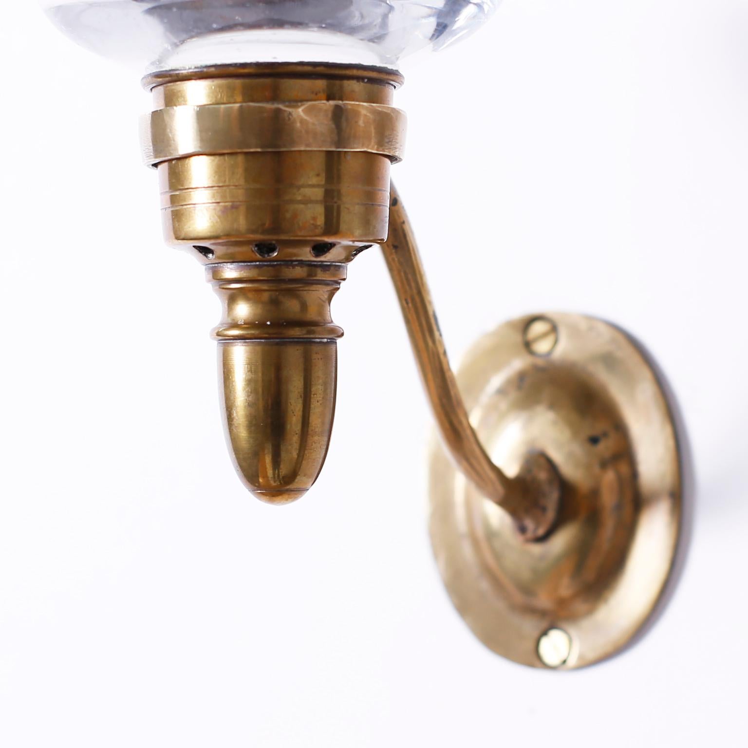 Set of Four Brass and Glass Candle Hurricane Sconces, Priced Per Pair In Good Condition In Palm Beach, FL