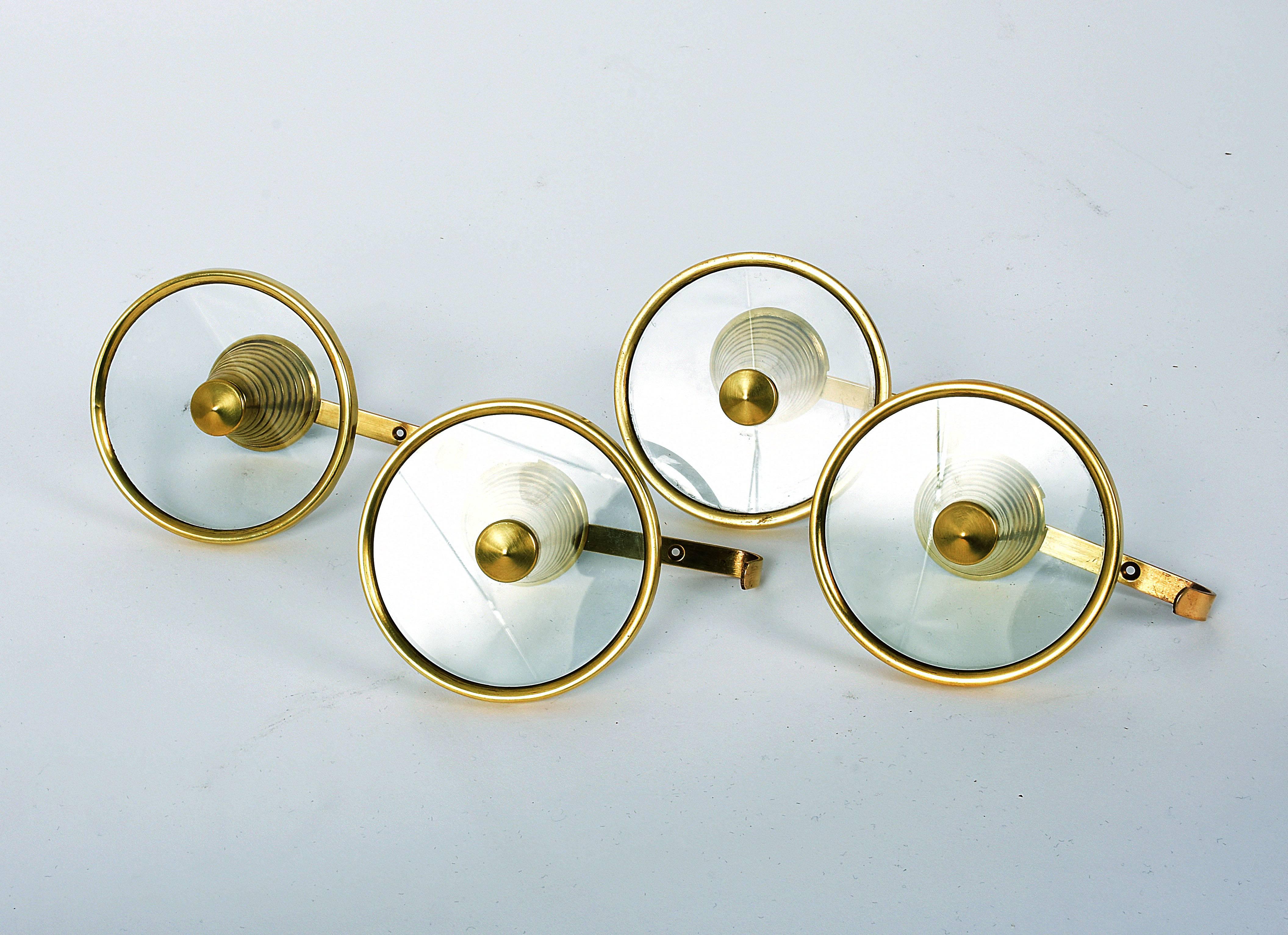 Mid-Century Modern Set of Four Brass and Glass Coat Hooks Attributable to Fontana Arte, Italy 1950s