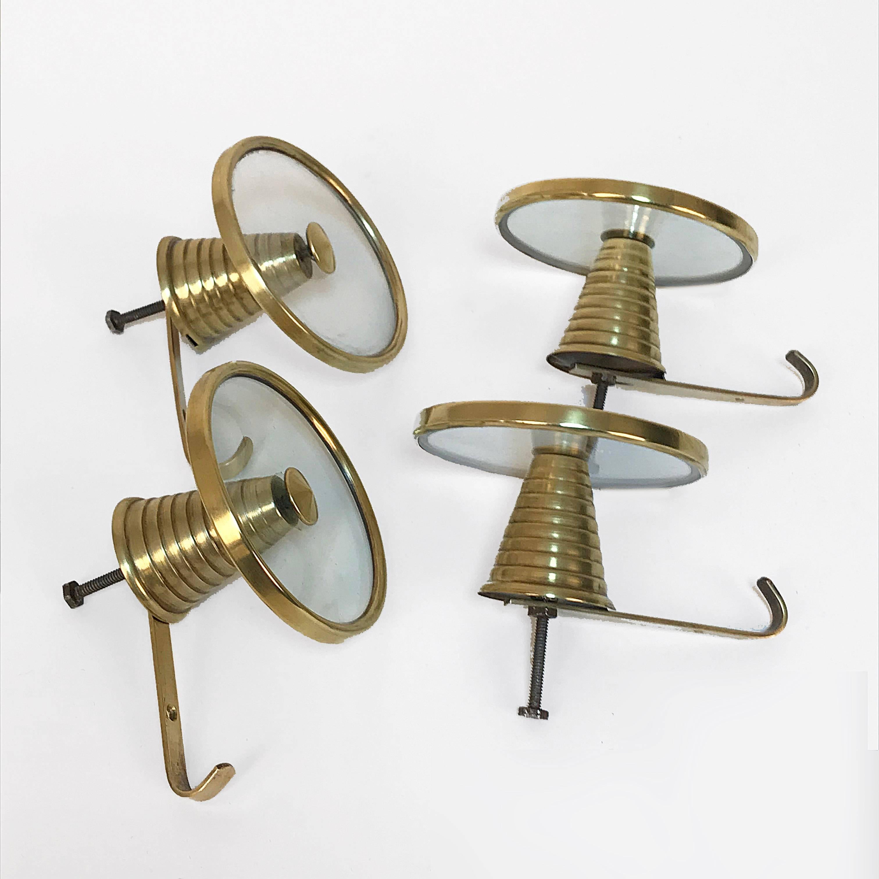 20th Century Set of Four Brass and Glass Coat Hooks Attributable to Fontana Arte, Italy 1950s