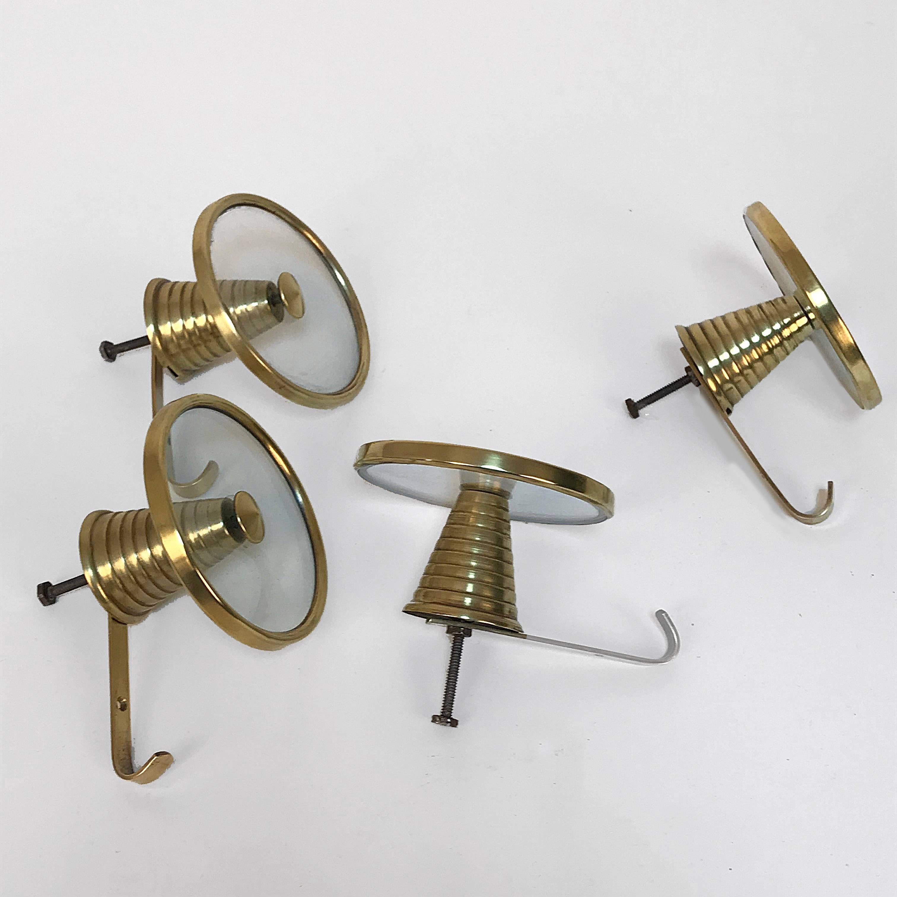 Set of Four Brass and Glass Coat Hooks Attributable to Fontana Arte, Italy 1950s 2