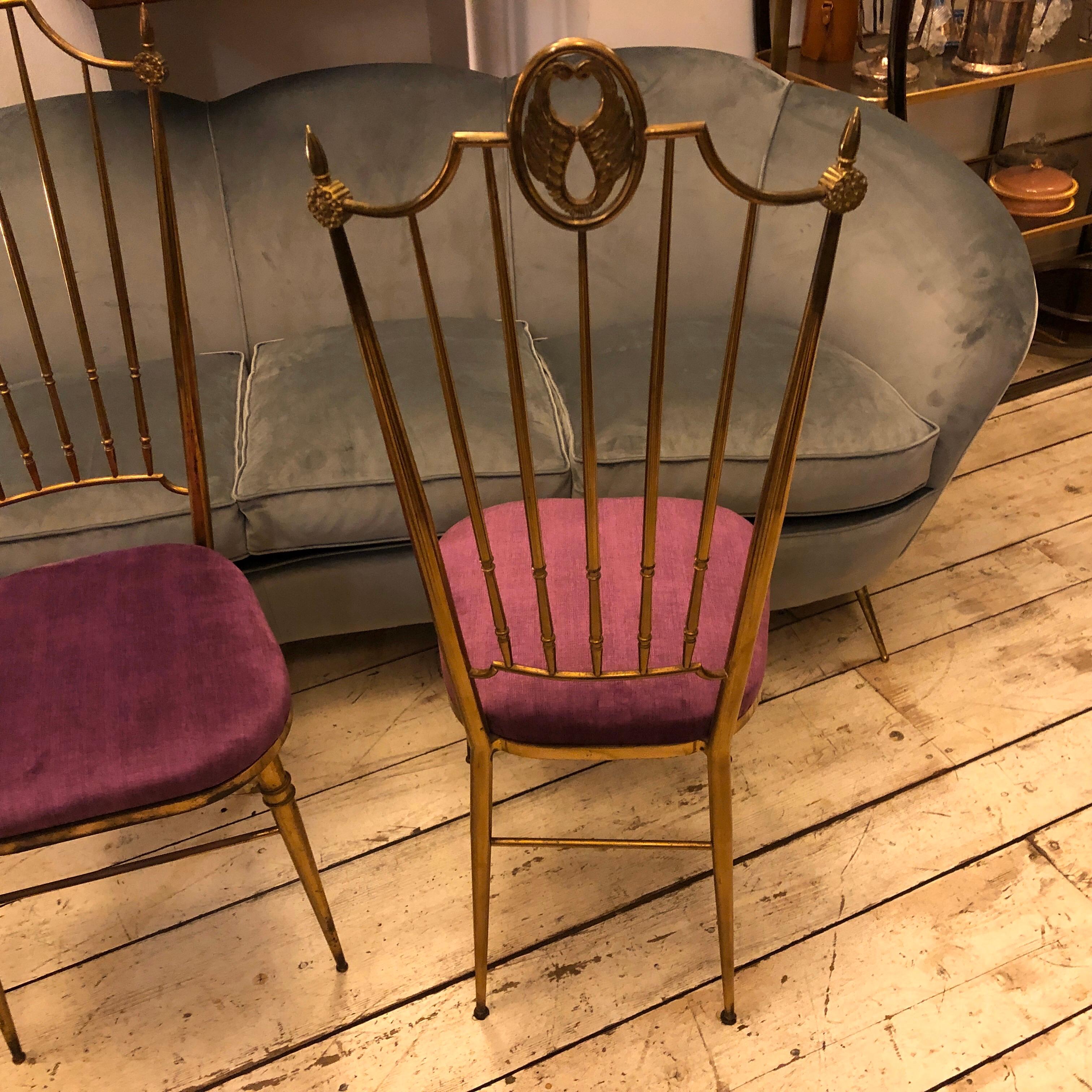 Set of Four Brass and Purple Velvet Chiavari Chairs, Italy, circa 1960 5