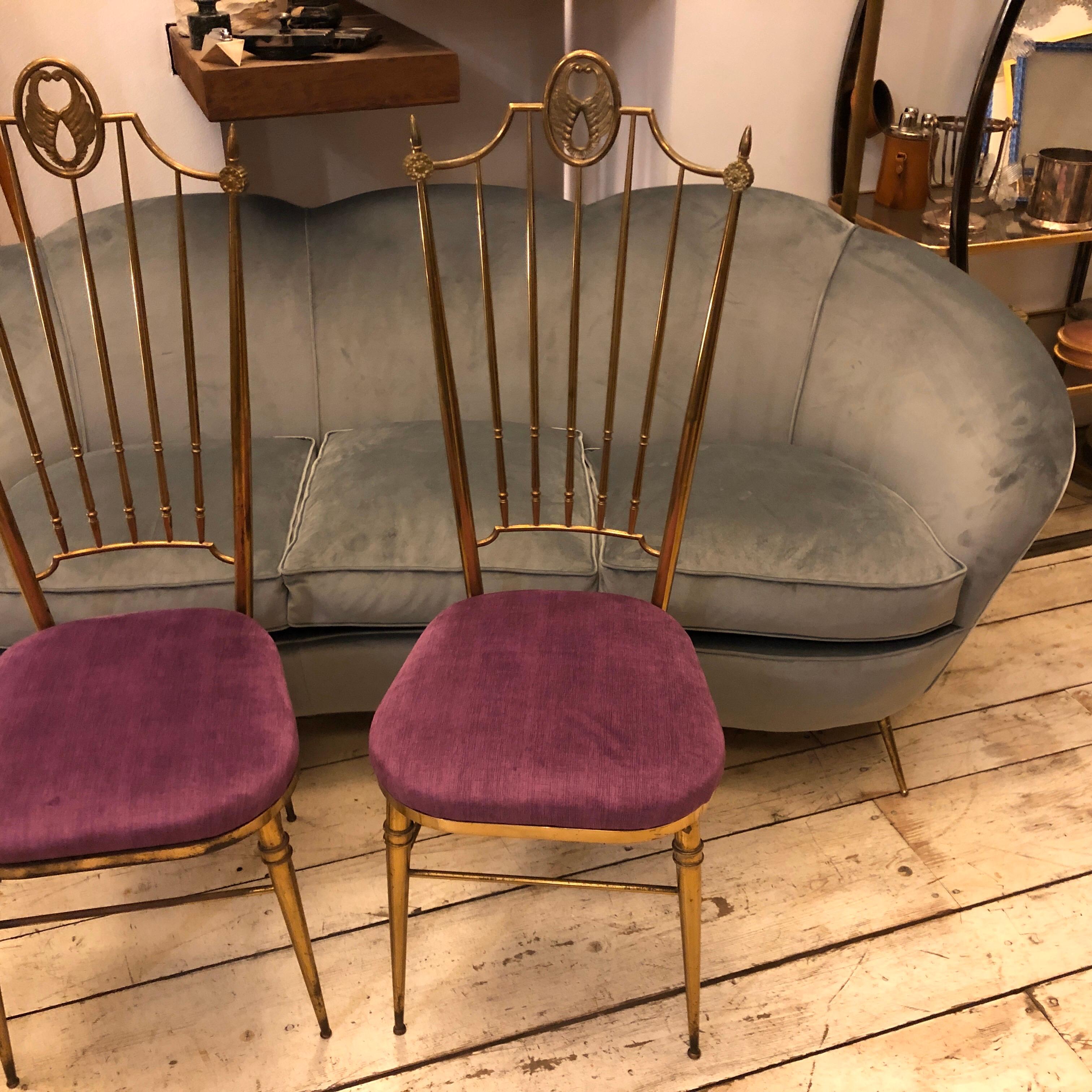 Hollywood Regency Set of Four Brass and Purple Velvet Chiavari Chairs, Italy, circa 1960