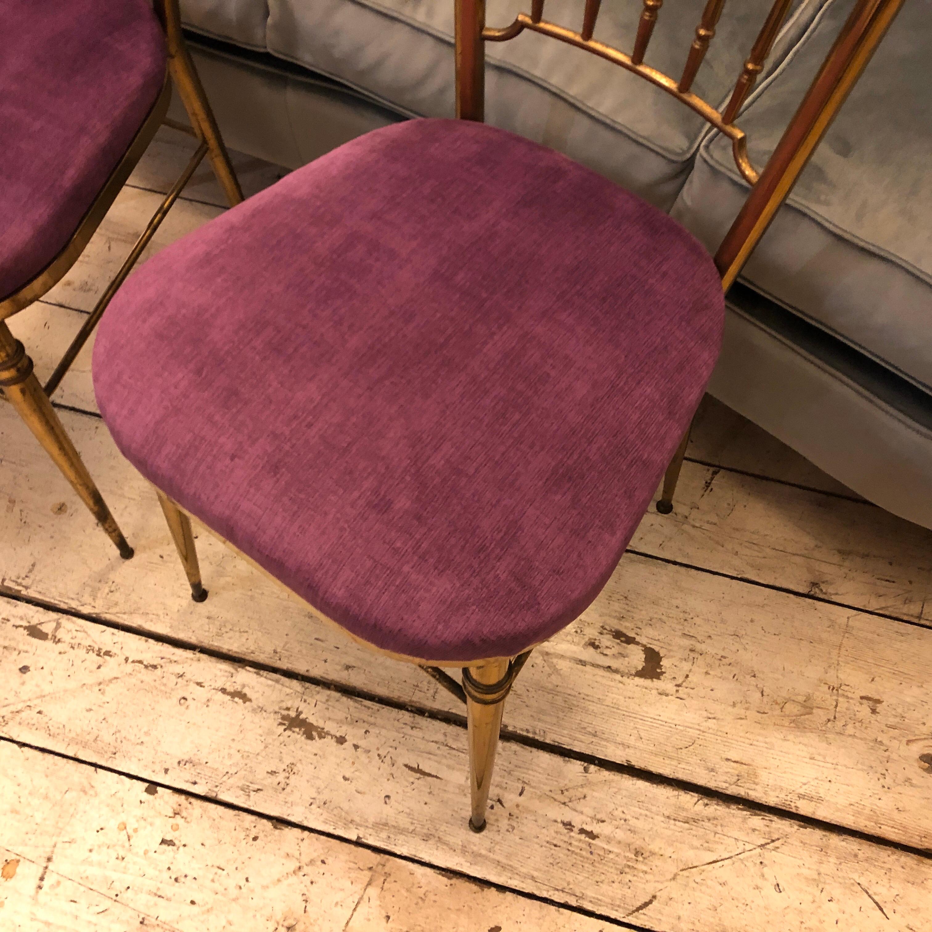 Set of Four Brass and Purple Velvet Chiavari Chairs, Italy, circa 1960 In Good Condition In Aci Castello, IT