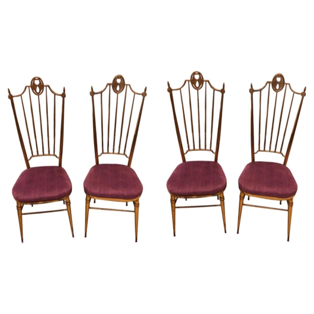 Set of Four Brass and Purple Velvet Chiavari Chairs, Italy, circa 1960