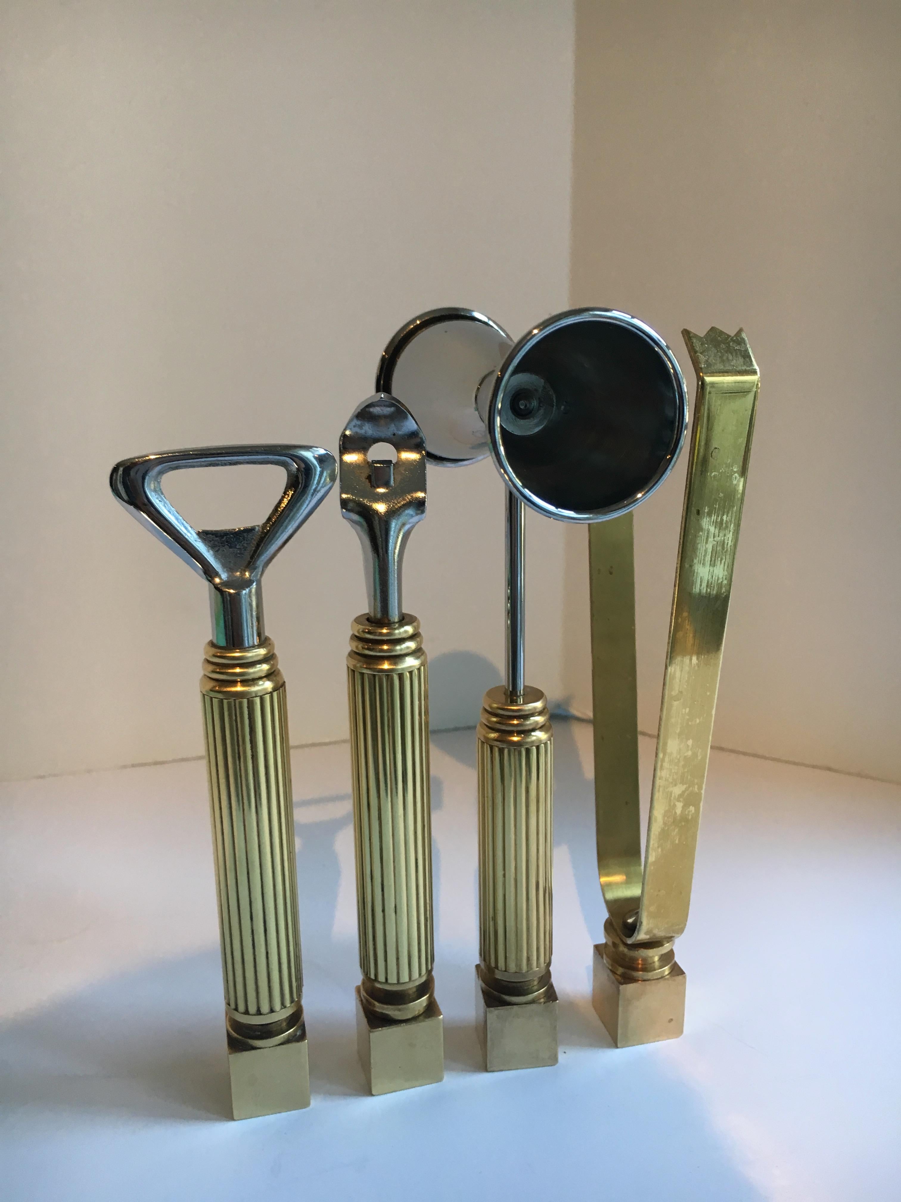 Mid-Century Modern Set of Four Brass Bar Tools and Accessories