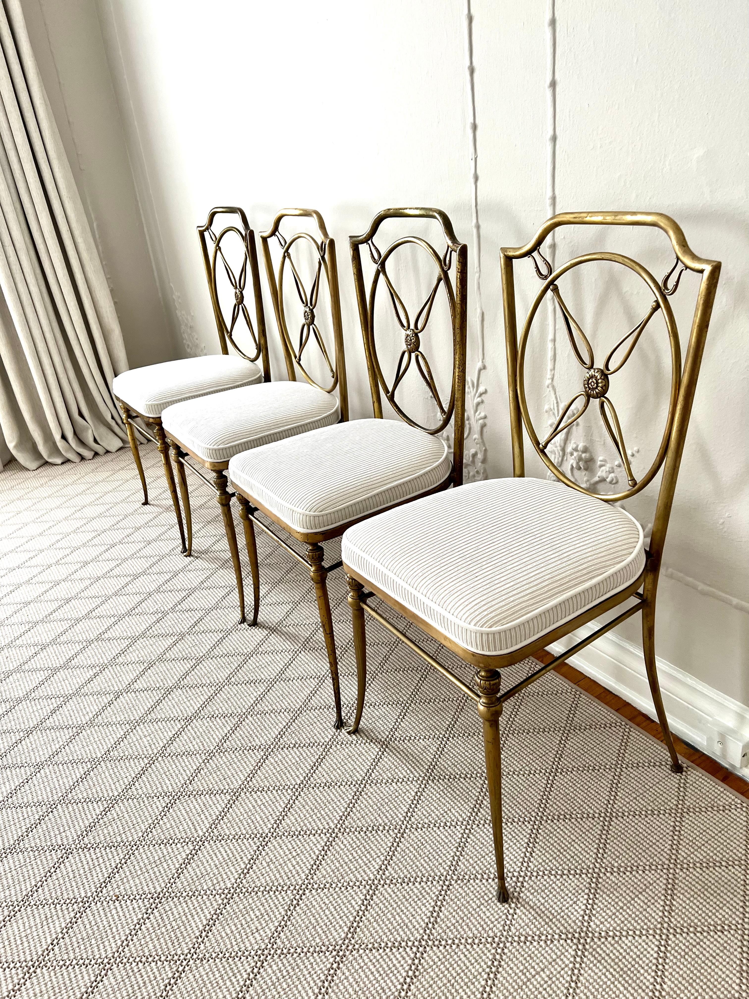Italian Four Brass Compass Back Chairs in the Style of Gio Ponti For Sale