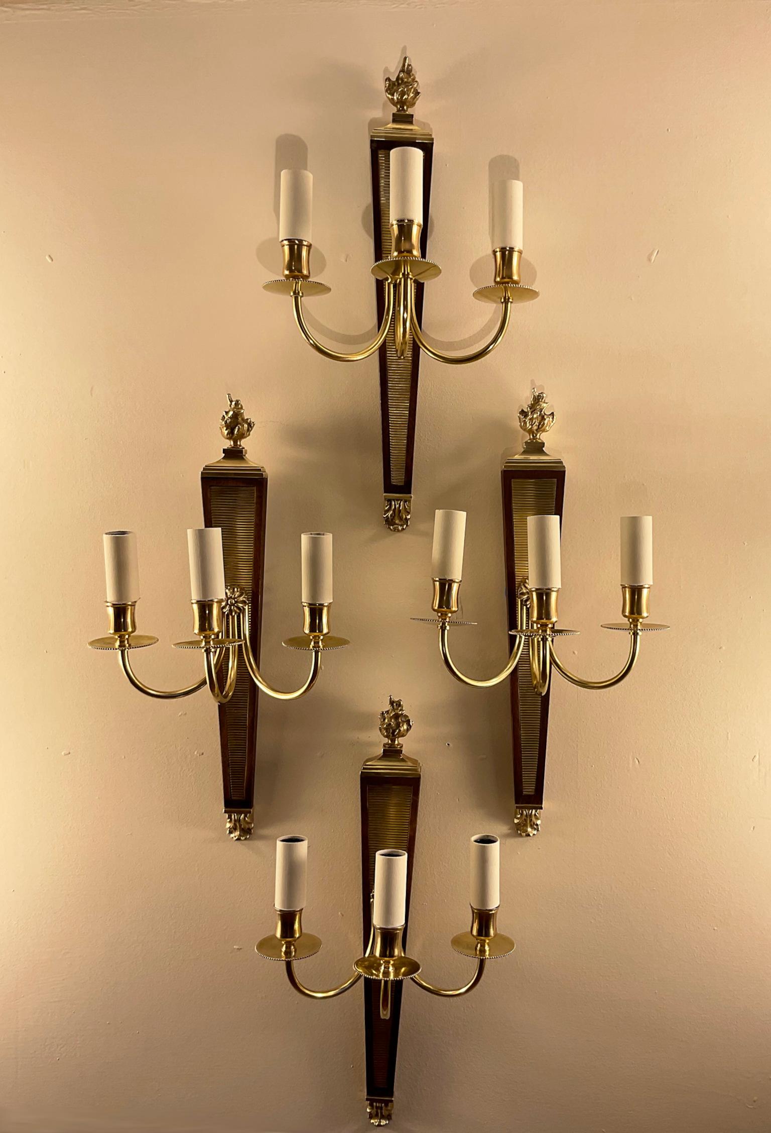 Brass Set of Four brass Neoclasical Sconces Attributed to André Arbus 1940s France For Sale