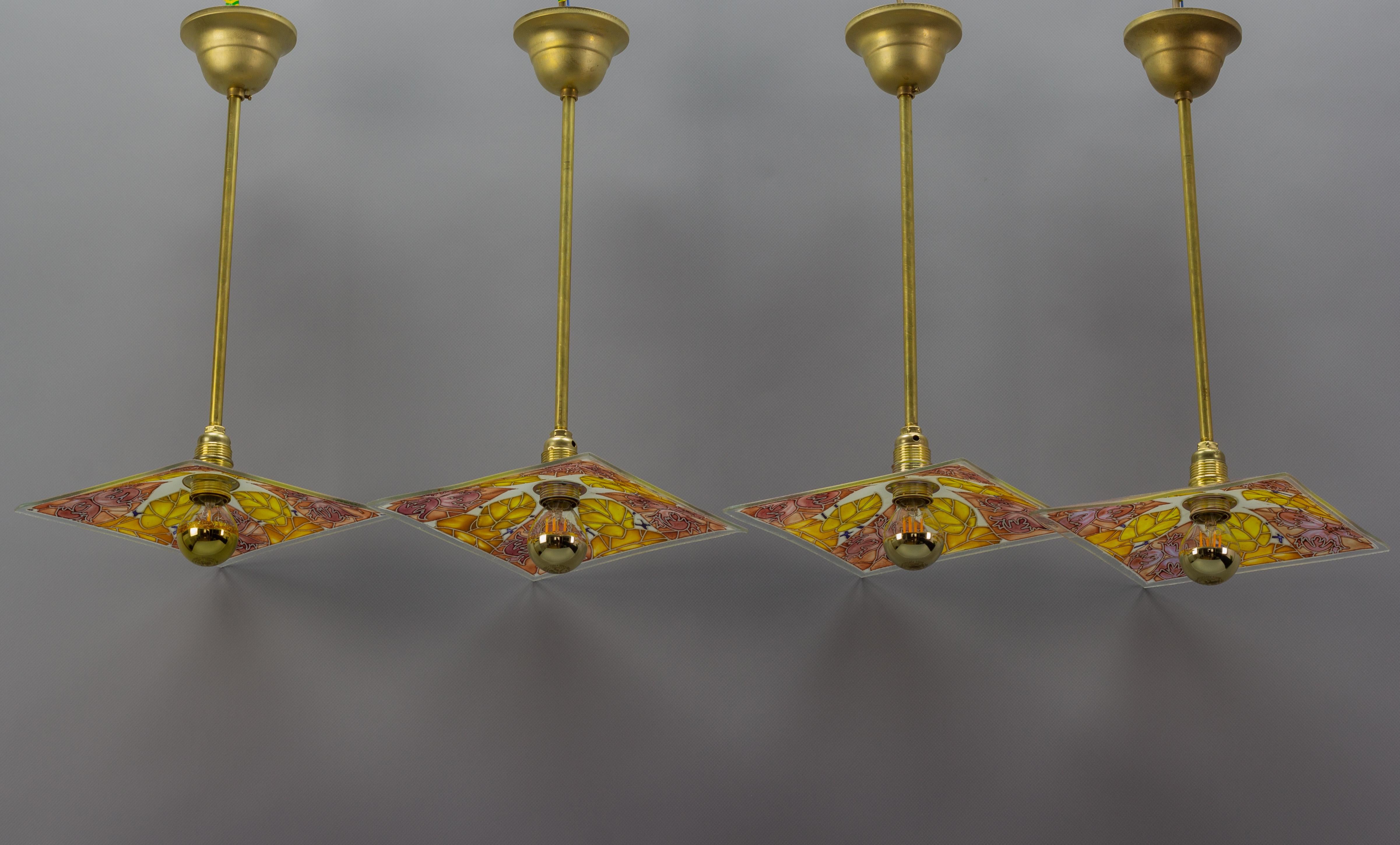 Set of Four Brass Pendant Lights with Enamelled Glass by Loys Lucha For Sale 12