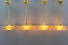 Set of Four Brass Pendant Lights with Enamelled Glass by Loys Lucha