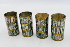 Ensemble de quatre gobelets en laiton, argent et coquille d'ormeau par Villa, Taxco