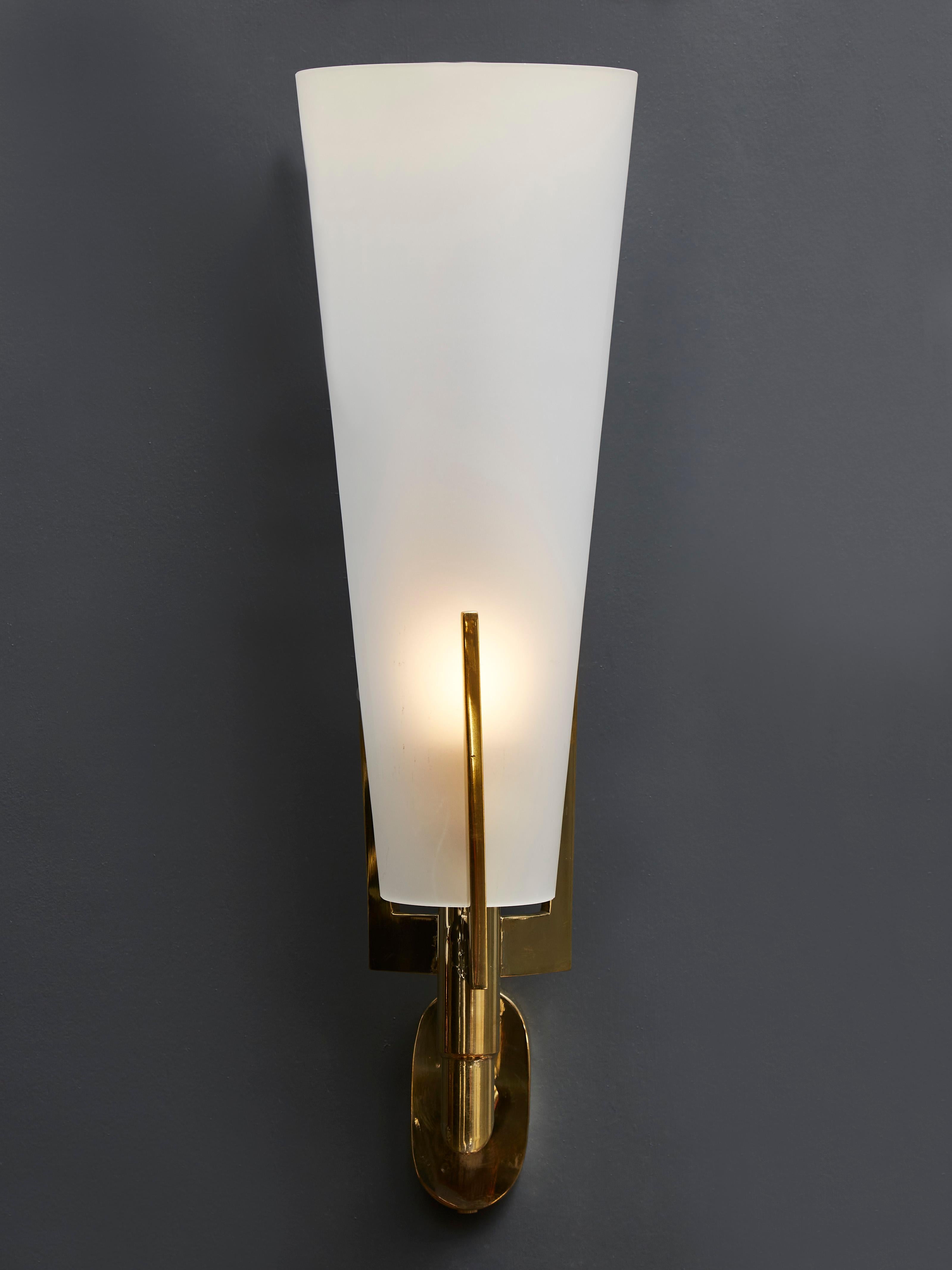 Italian Set of Four Brass Wall Sconces with Tall Frosted Glass Cones For Sale