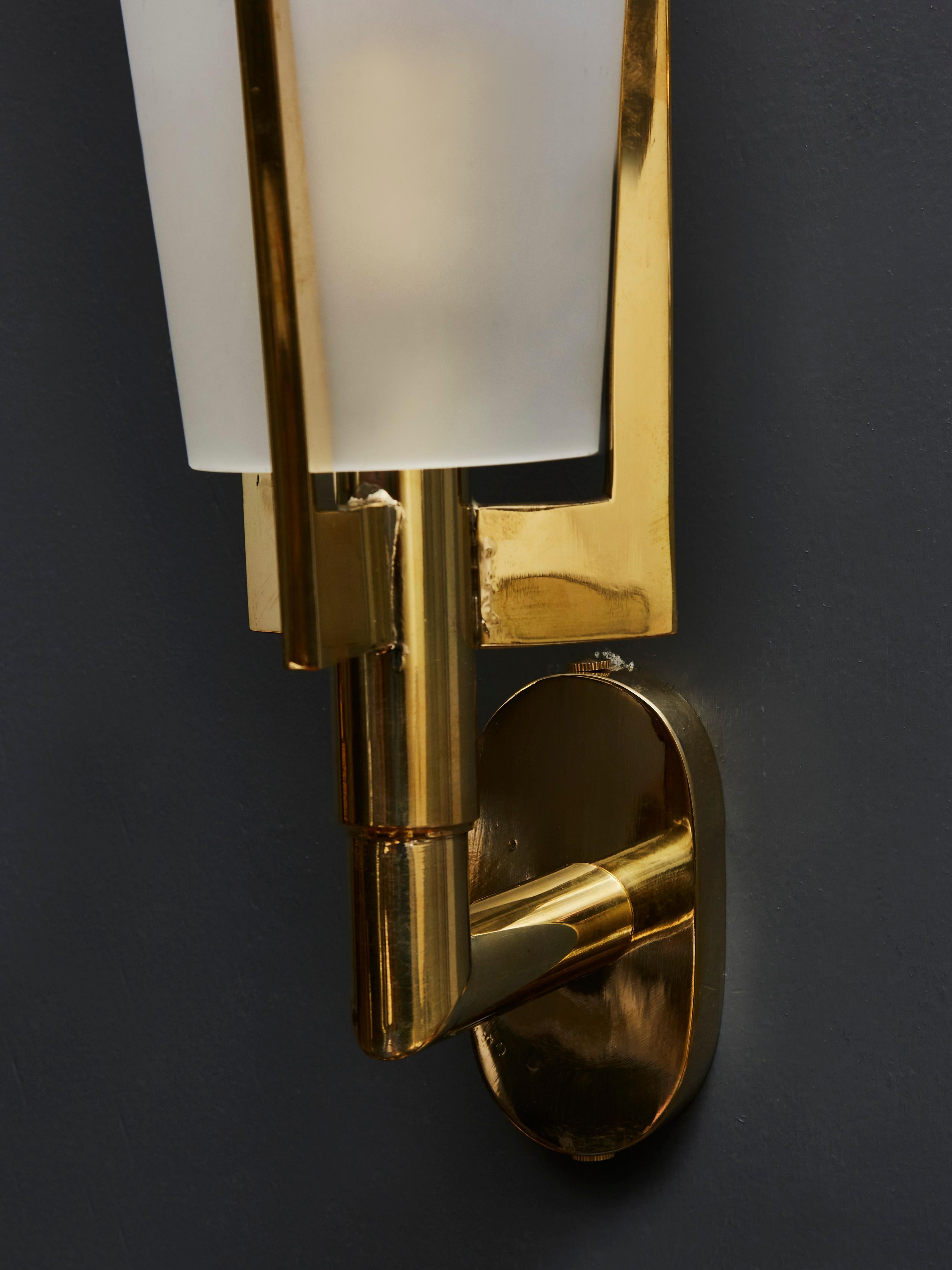 Late 20th Century Set of Four Brass Wall Sconces with Tall Frosted Glass Cones