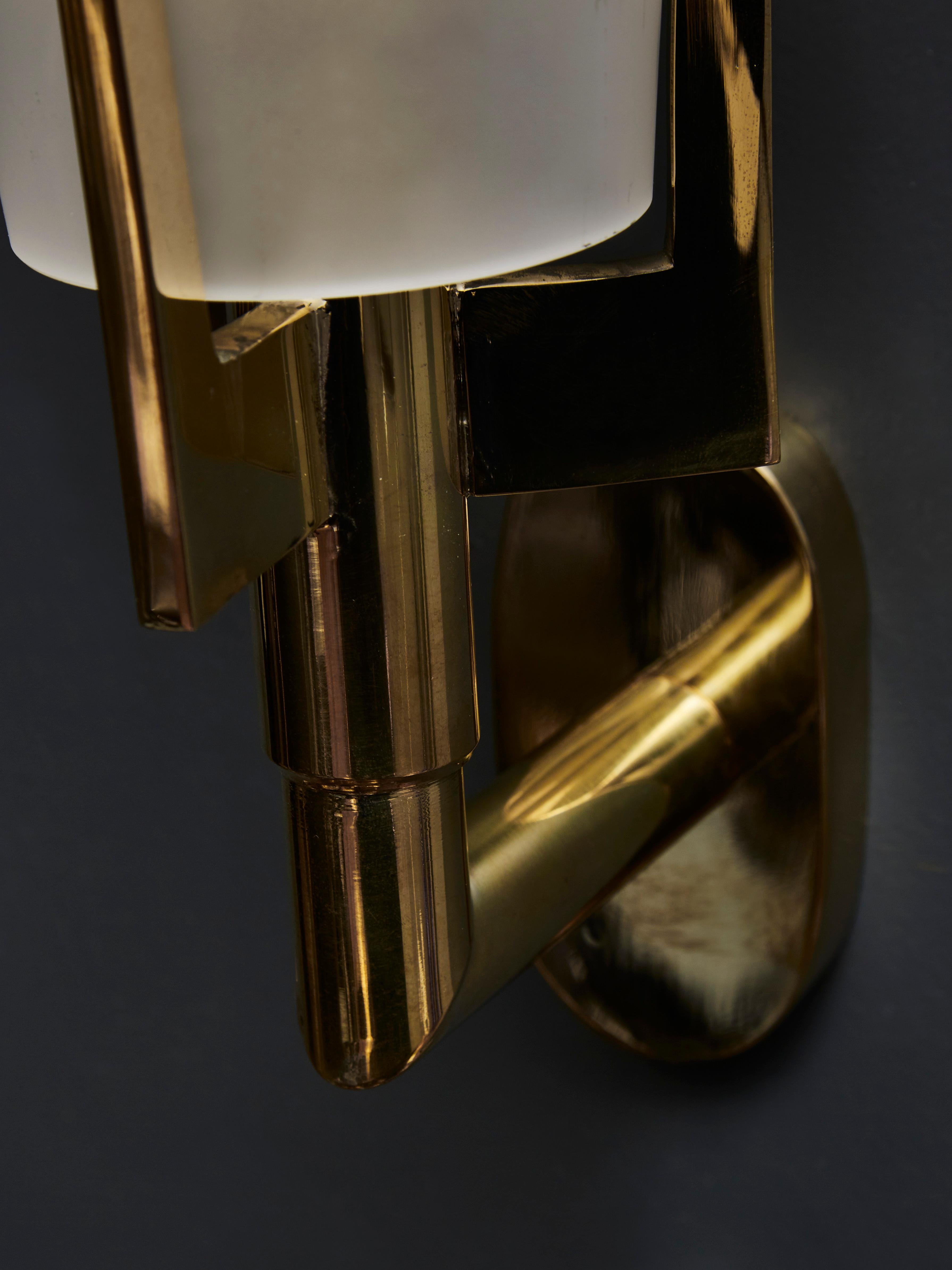 Set of Four Brass Wall Sconces with Tall Frosted Glass Cones 1