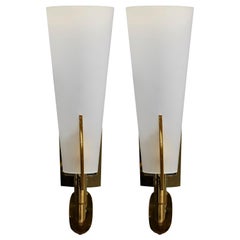 Set of Four Brass Wall Sconces with Tall Frosted Glass Cones