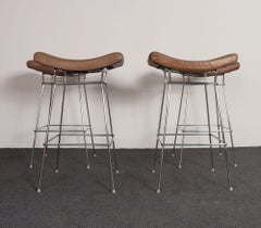 Set of Four Brazilian Leather and Stainless Steel Bar Stools by Fernando Jaeger