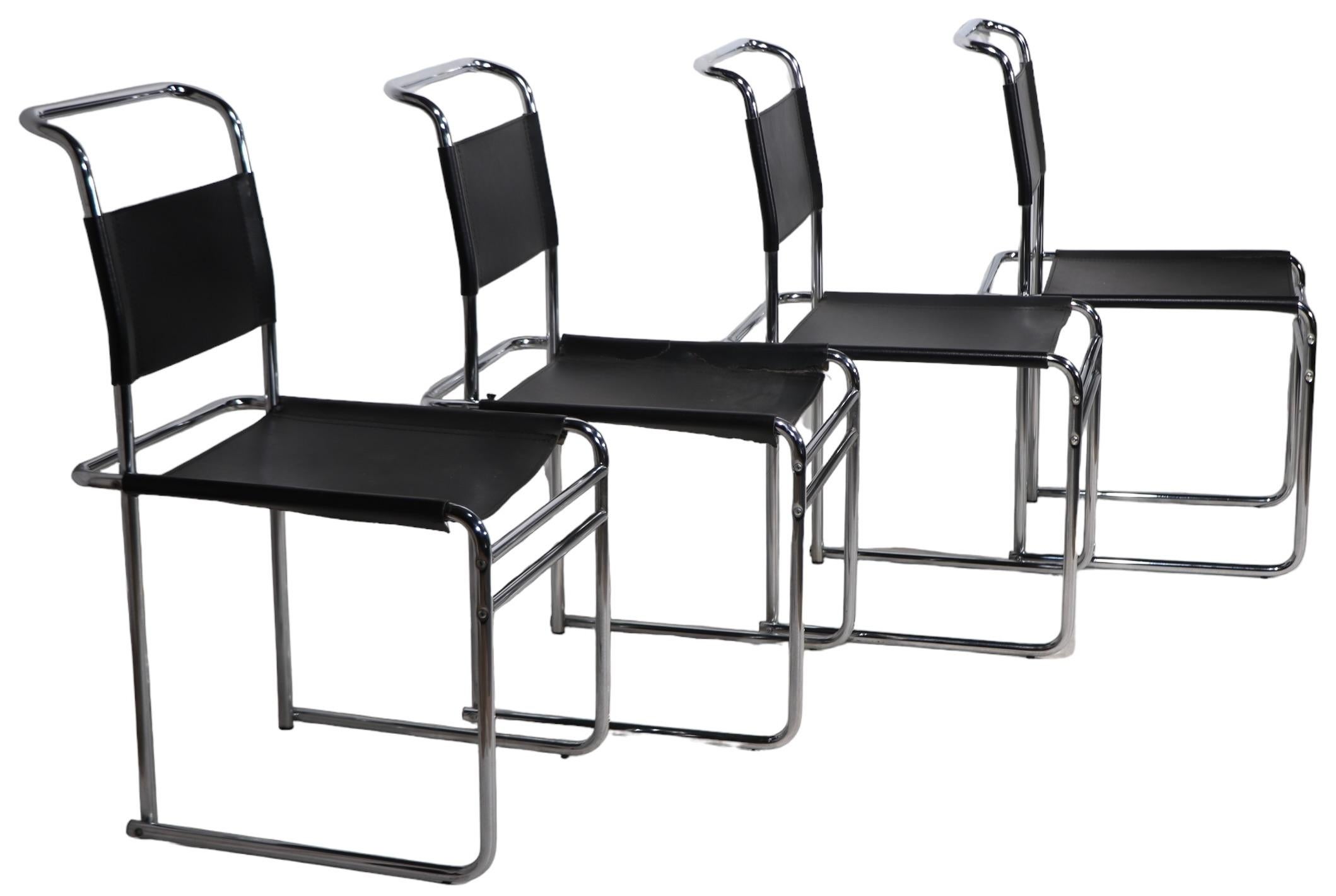 Italian Set of Four Breuer B5 Tubular Chrome and Leather  Bauhaus Style Dining Chairs For Sale