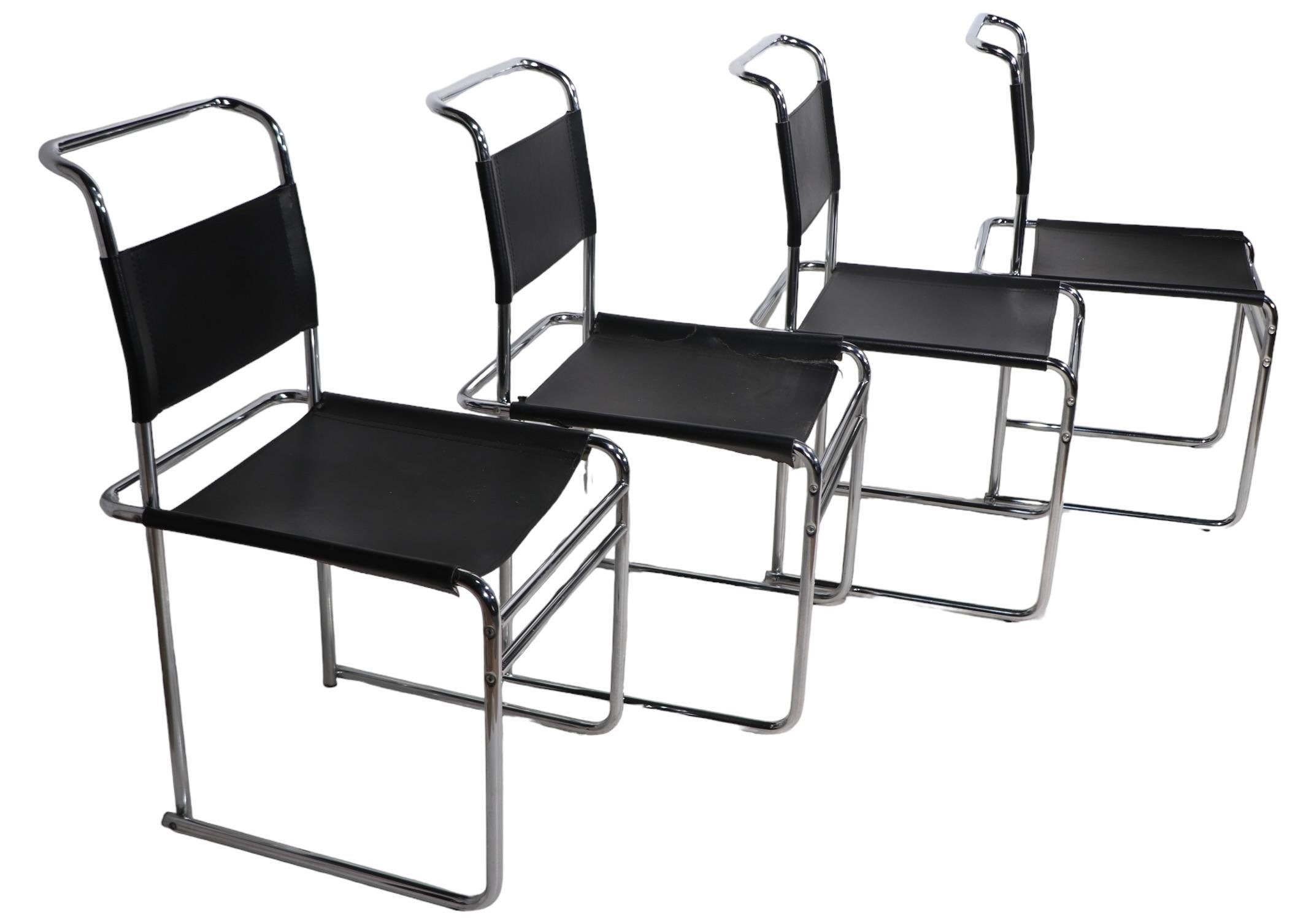 Set of Four Breuer B5 Tubular Chrome and Leather  Bauhaus Style Dining Chairs In Good Condition For Sale In New York, NY