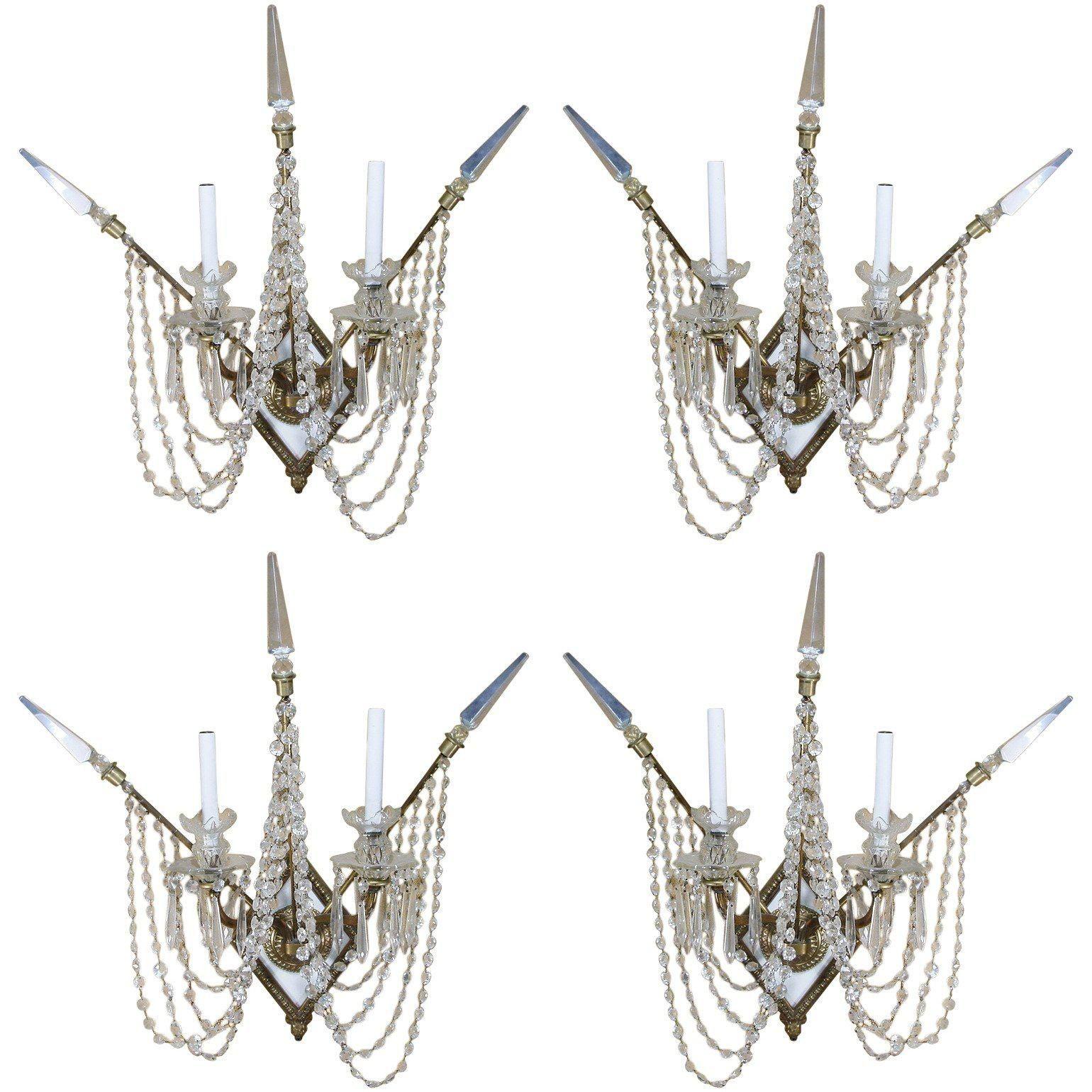 Mid-20th Century Set of Four Bronze and Bead Crystal Presidential Wall Sconce For Sale