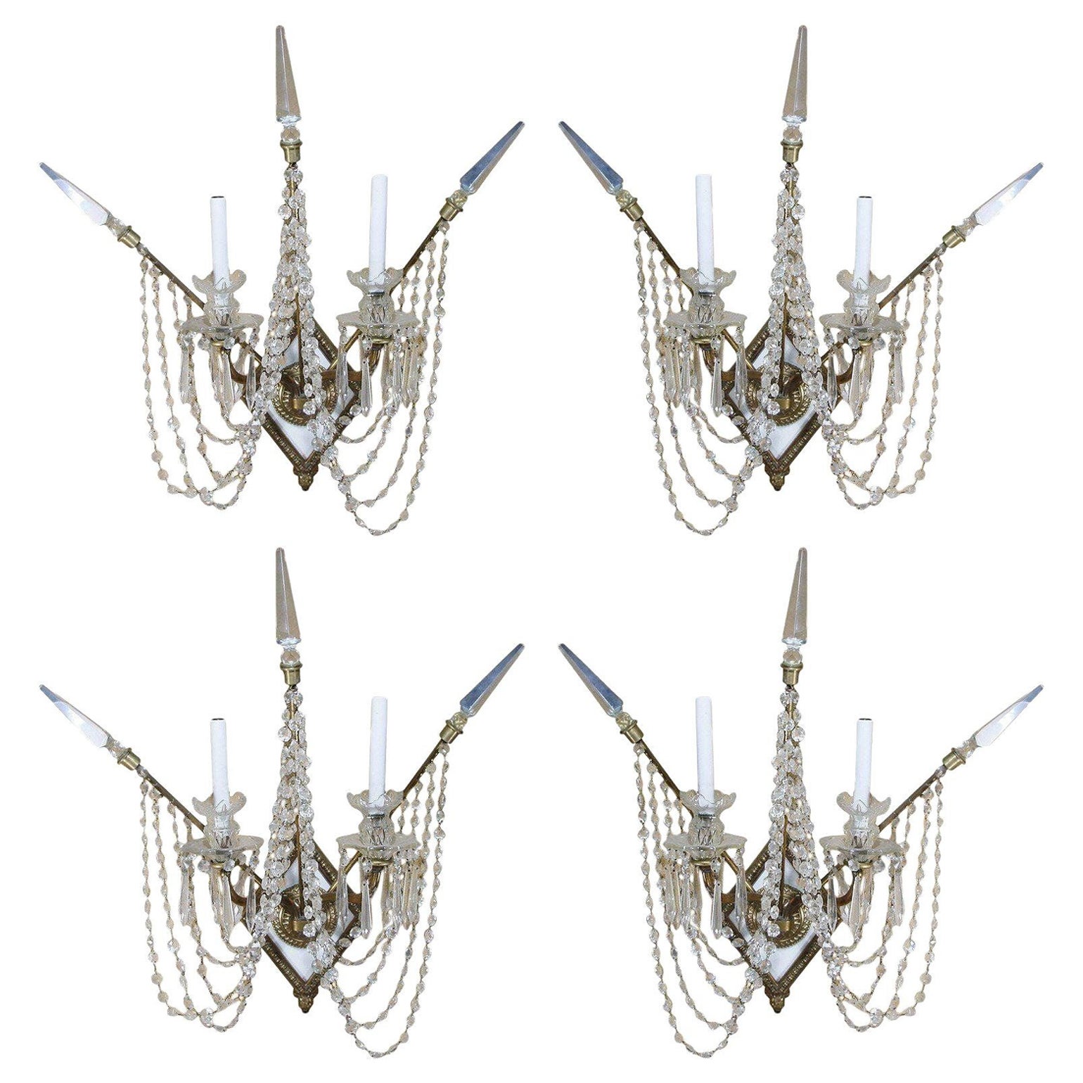 Set of Four Bronze and Bead Crystal Presidential Wall Sconce For Sale