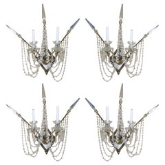 Set of Four Bronze and Bead Crystal Presidential Wall Sconce