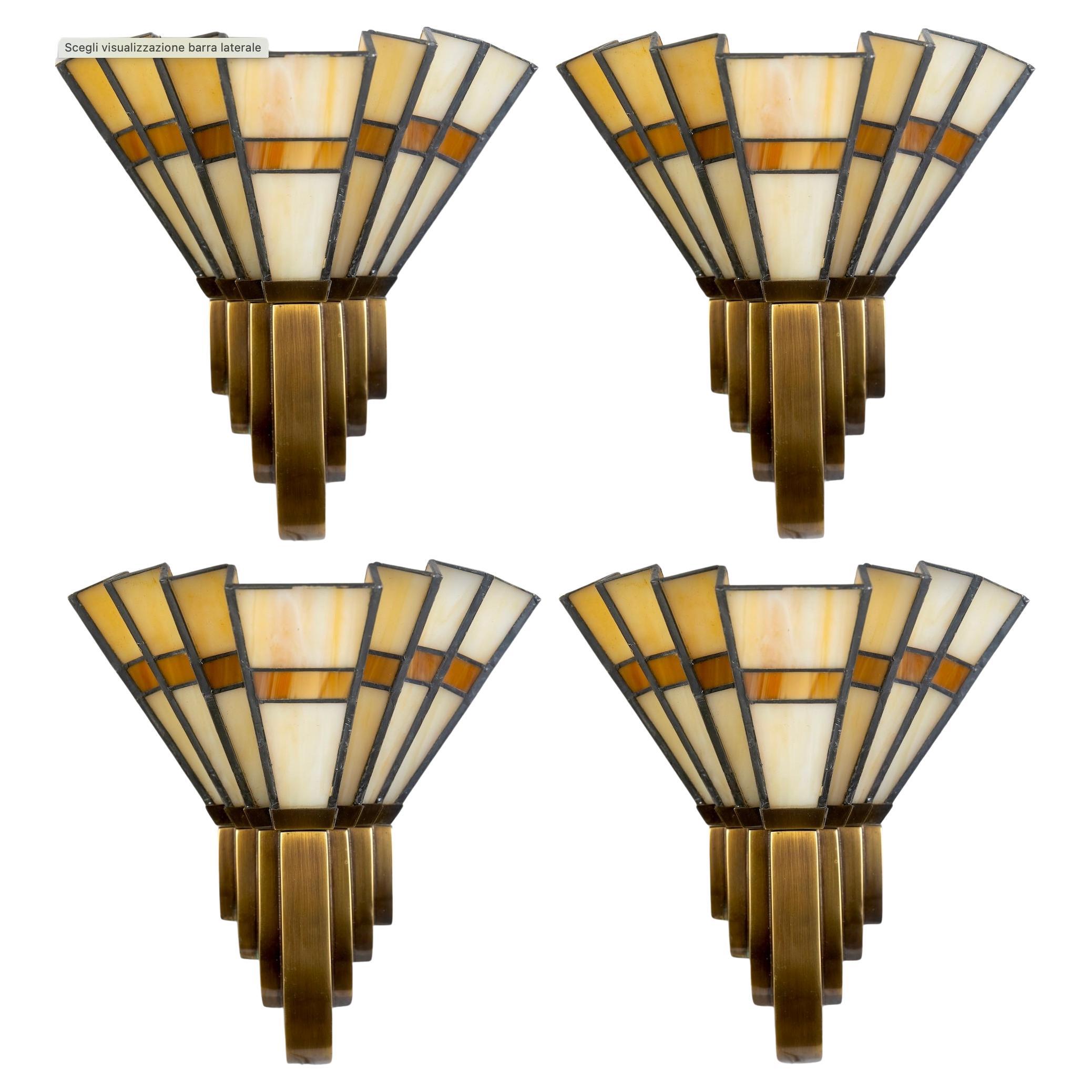 Set of Four Bronze and Opaline Glass Art Deco Sconces For Sale