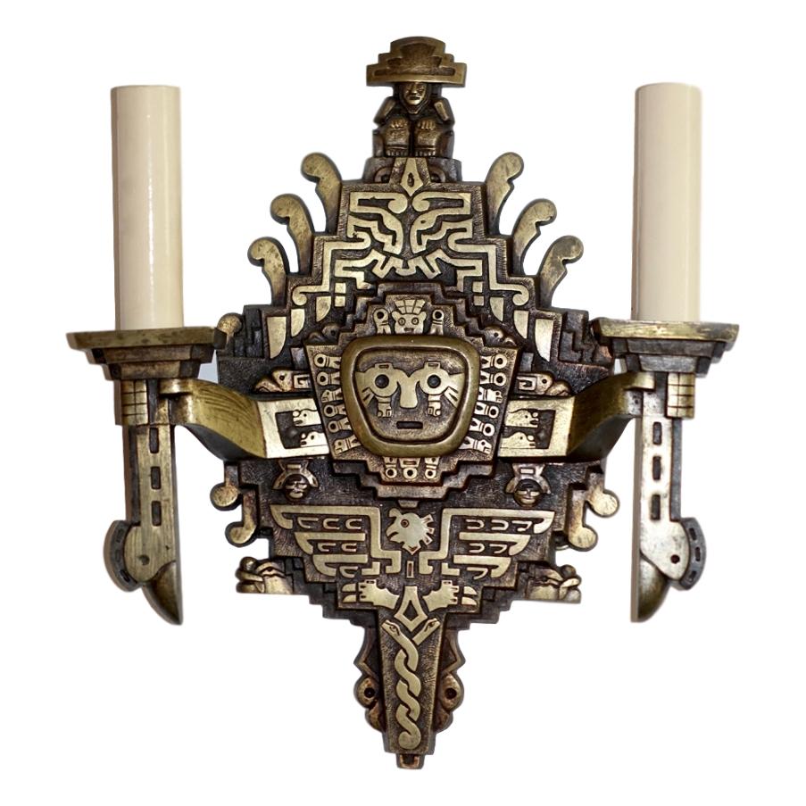 Set of Four Bronze Aztec Motif Sconces In Excellent Condition For Sale In New York, NY