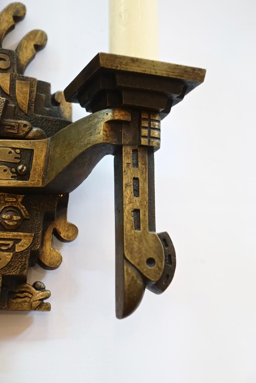Mid-20th Century Set of Four Bronze Aztec Motif Sconces For Sale