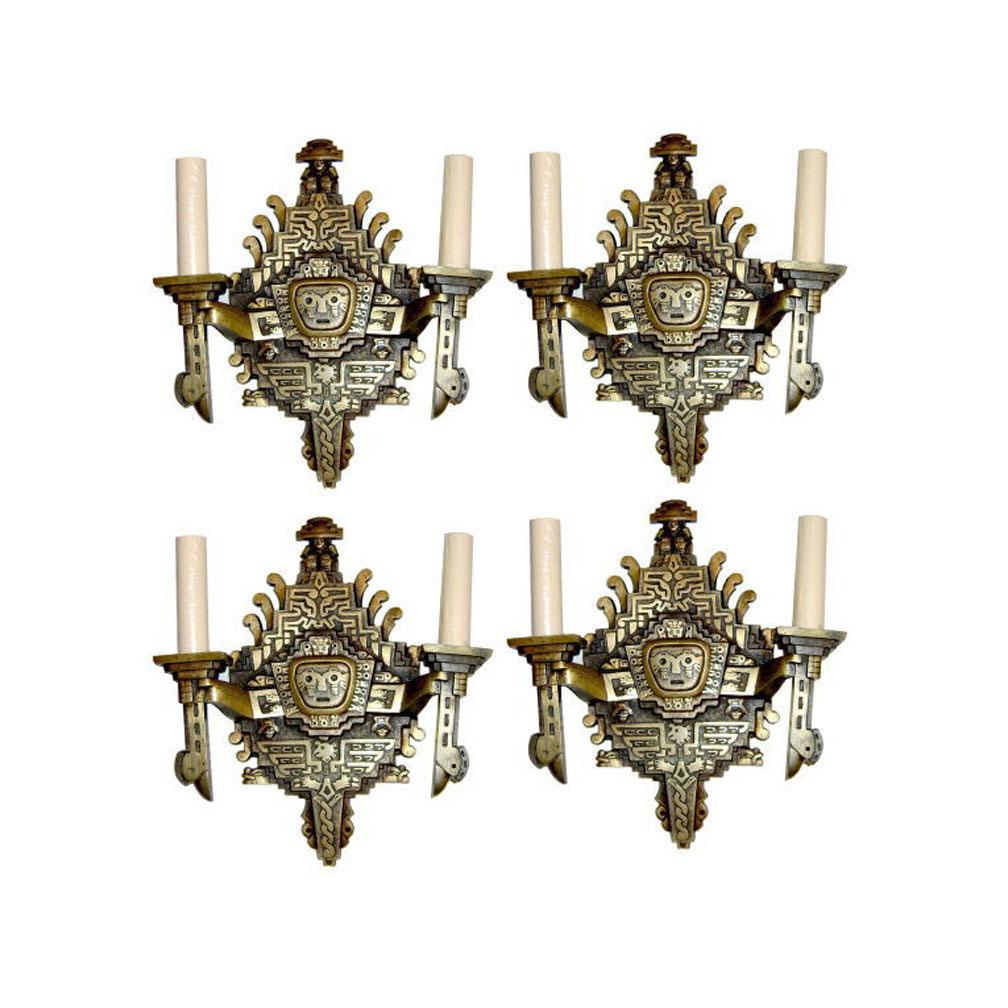 Set of Four Bronze Aztec Motif Sconces For Sale 1